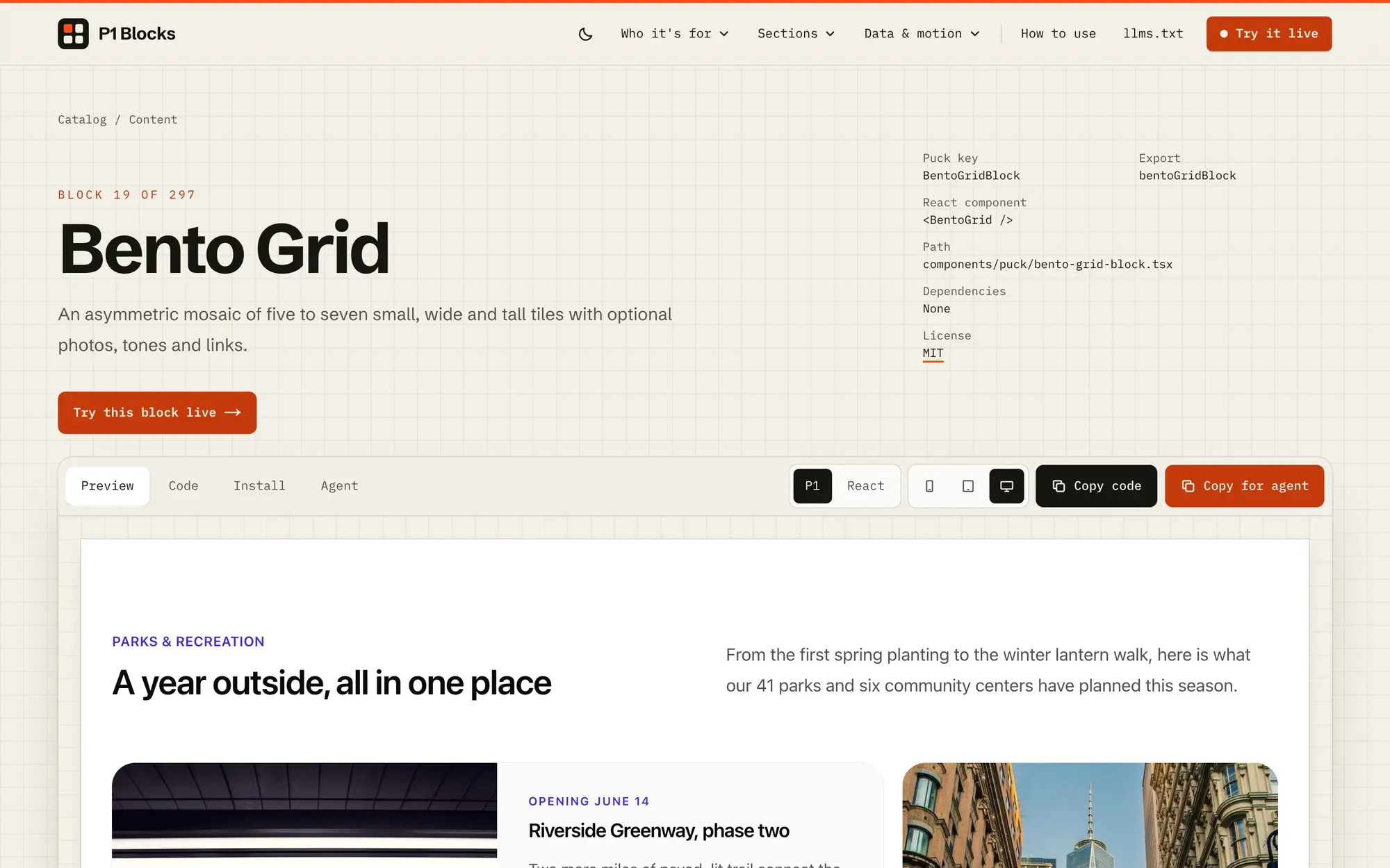 Desktop block page for the Bento Grid, with its Puck key, React component, path and license, plus Preview, Code, Install and Agent tabs.