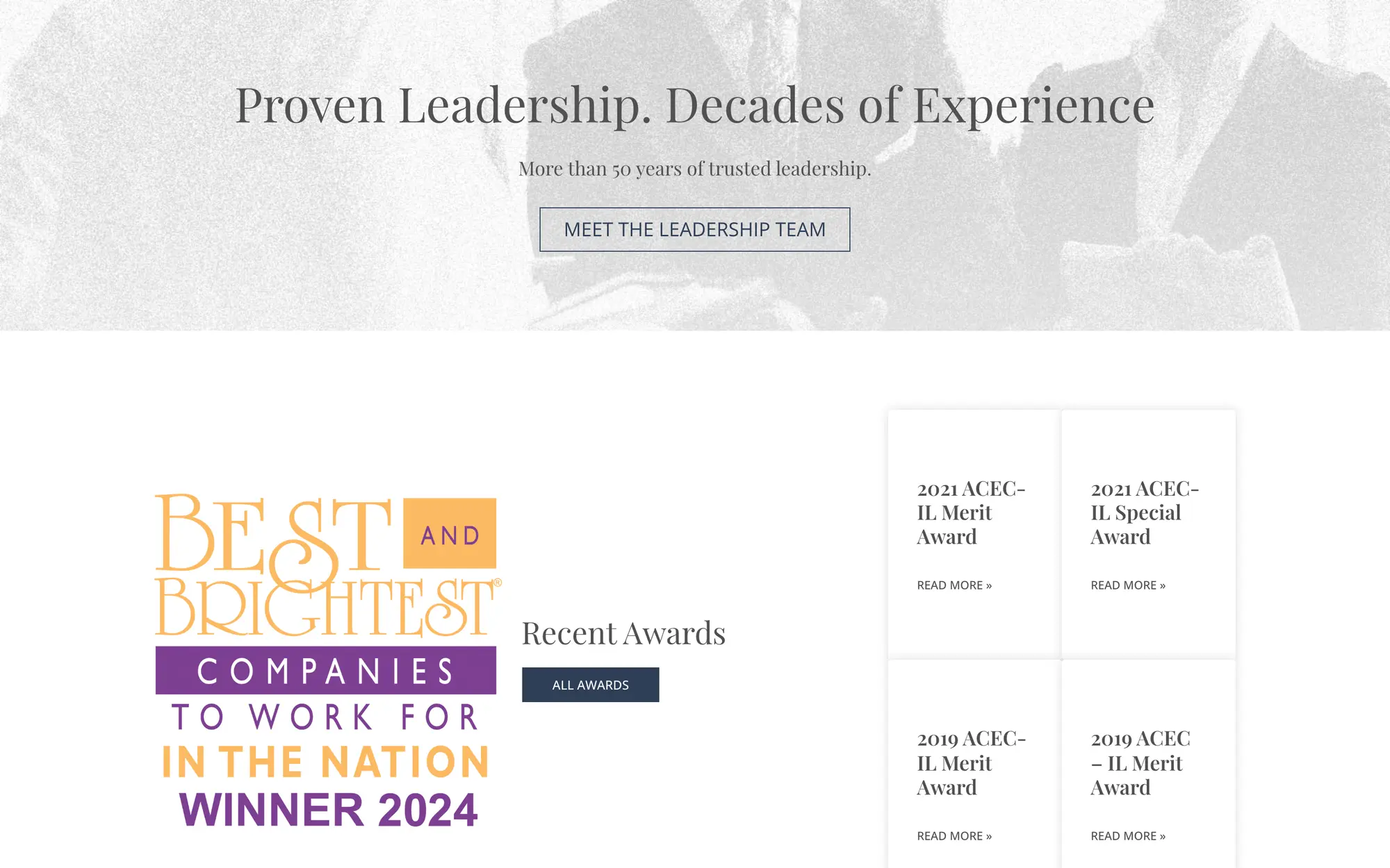 Desktop leadership band, “Proven Leadership. Decades of Experience,” with a Meet the Leadership Team button.