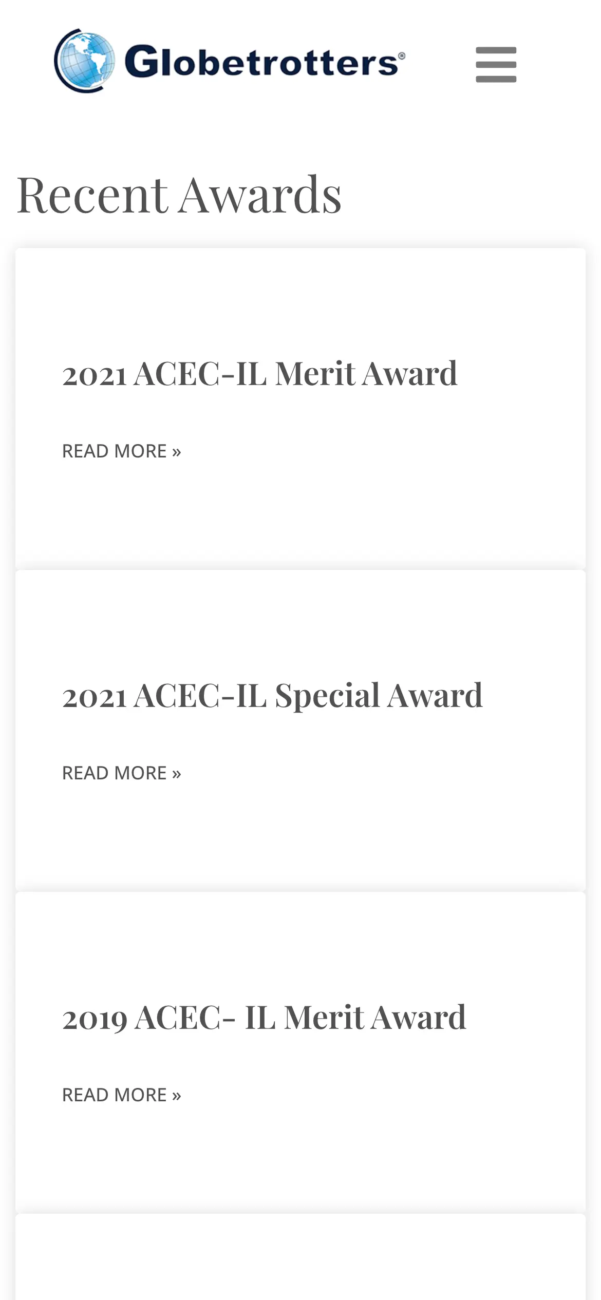 Mobile Recent Awards page opening on the 2021 ACEC-IL Merit and Special awards.