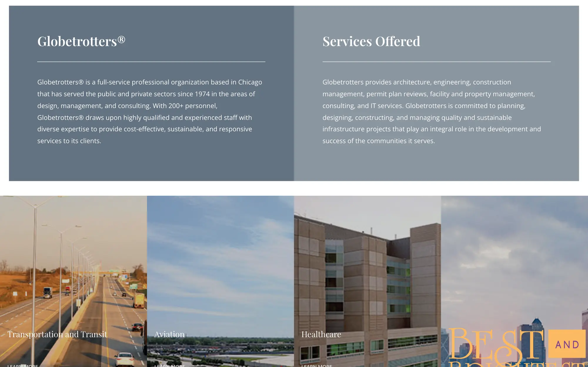 Desktop intro panels, “Globetrotters®” and “Services Offered,” summarizing the Chicago firm and its architecture, engineering and management services.