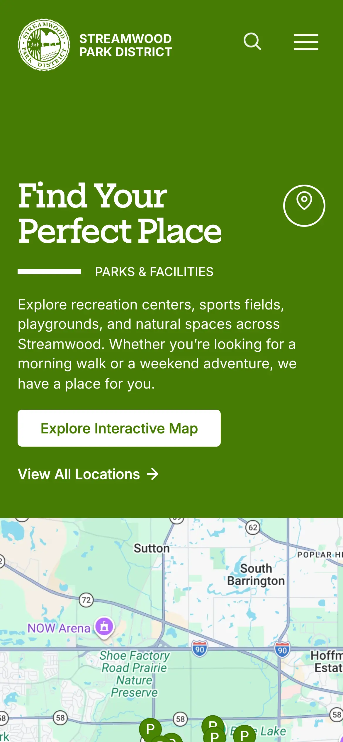 Mobile Parks & Facilities hero, “Find Your Perfect Place,” with Explore Interactive Map and View All Locations links.
