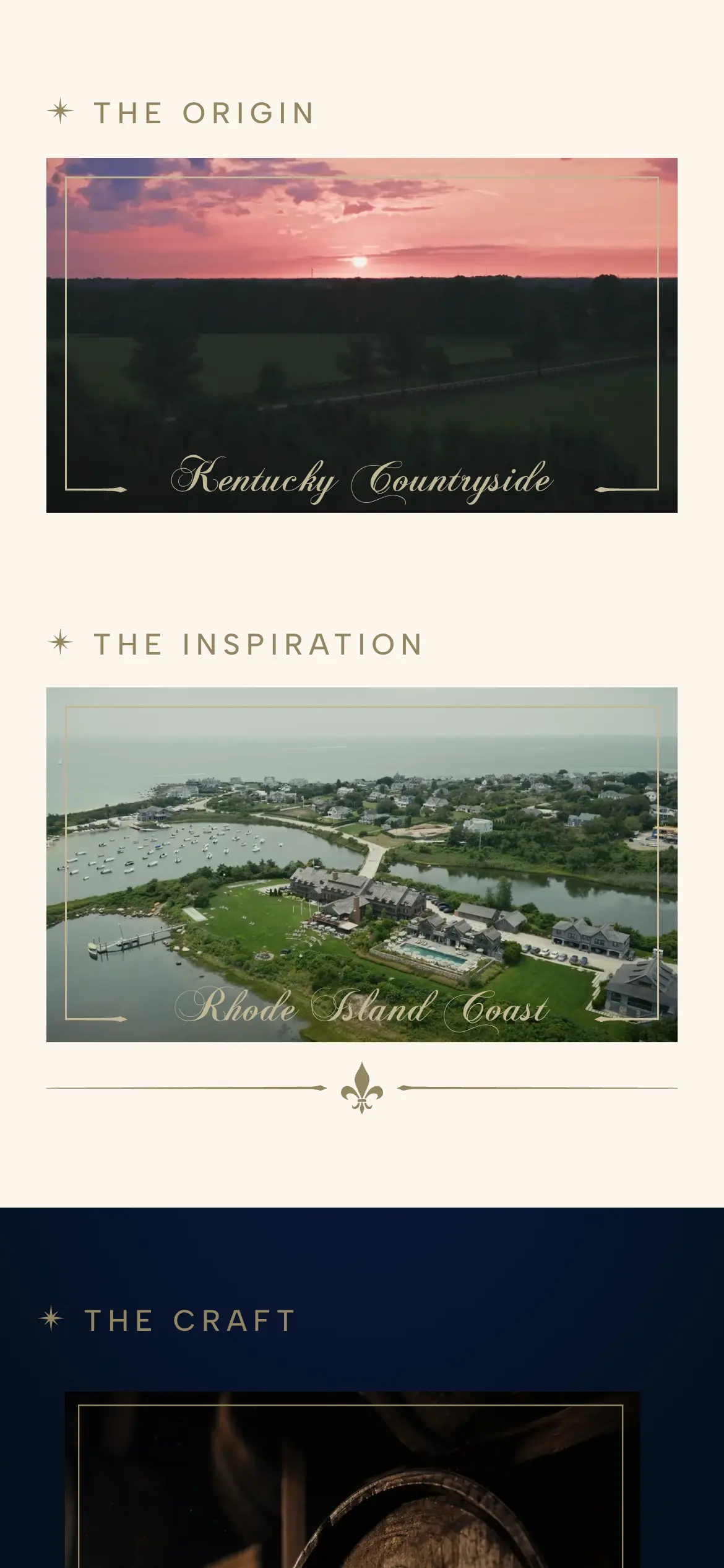 Mobile Origin and Inspiration cards, Kentucky countryside and the Rhode Island coast, stacked for a single-column read.