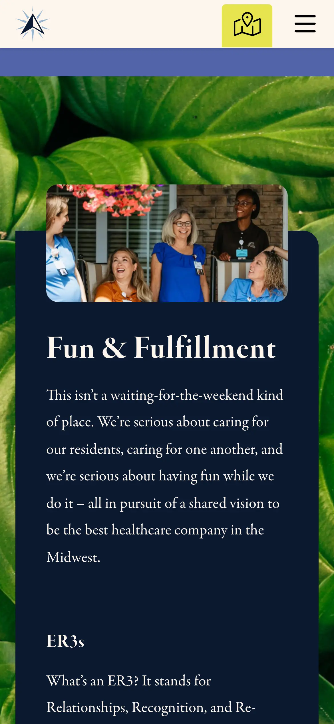 Mobile “Fun & Fulfillment” card describing team events and the shared mission across Trilogy’s communities.