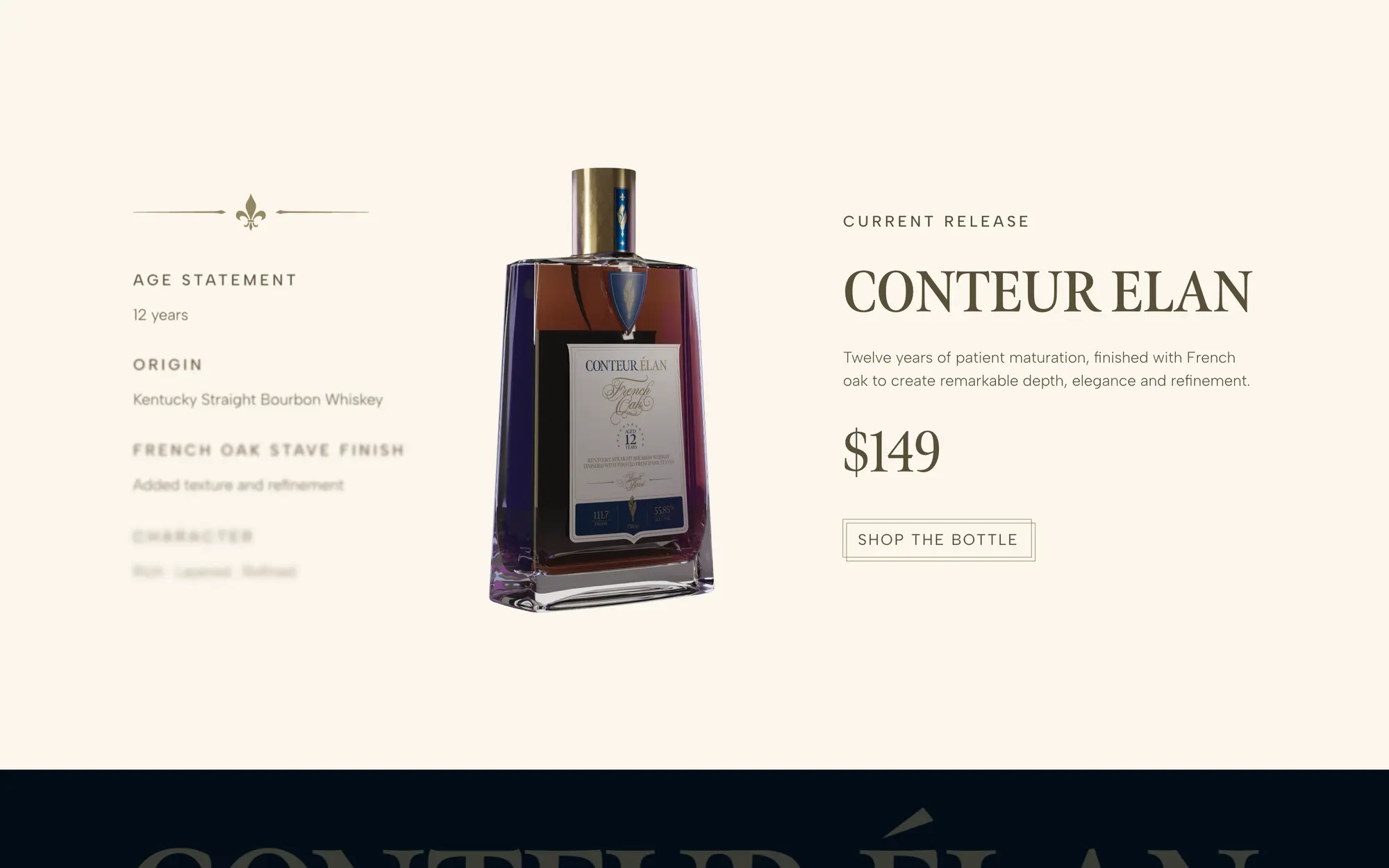 Desktop current release detail with age statement, origin, French oak stave finish, and character notes beside the $149 bottle.