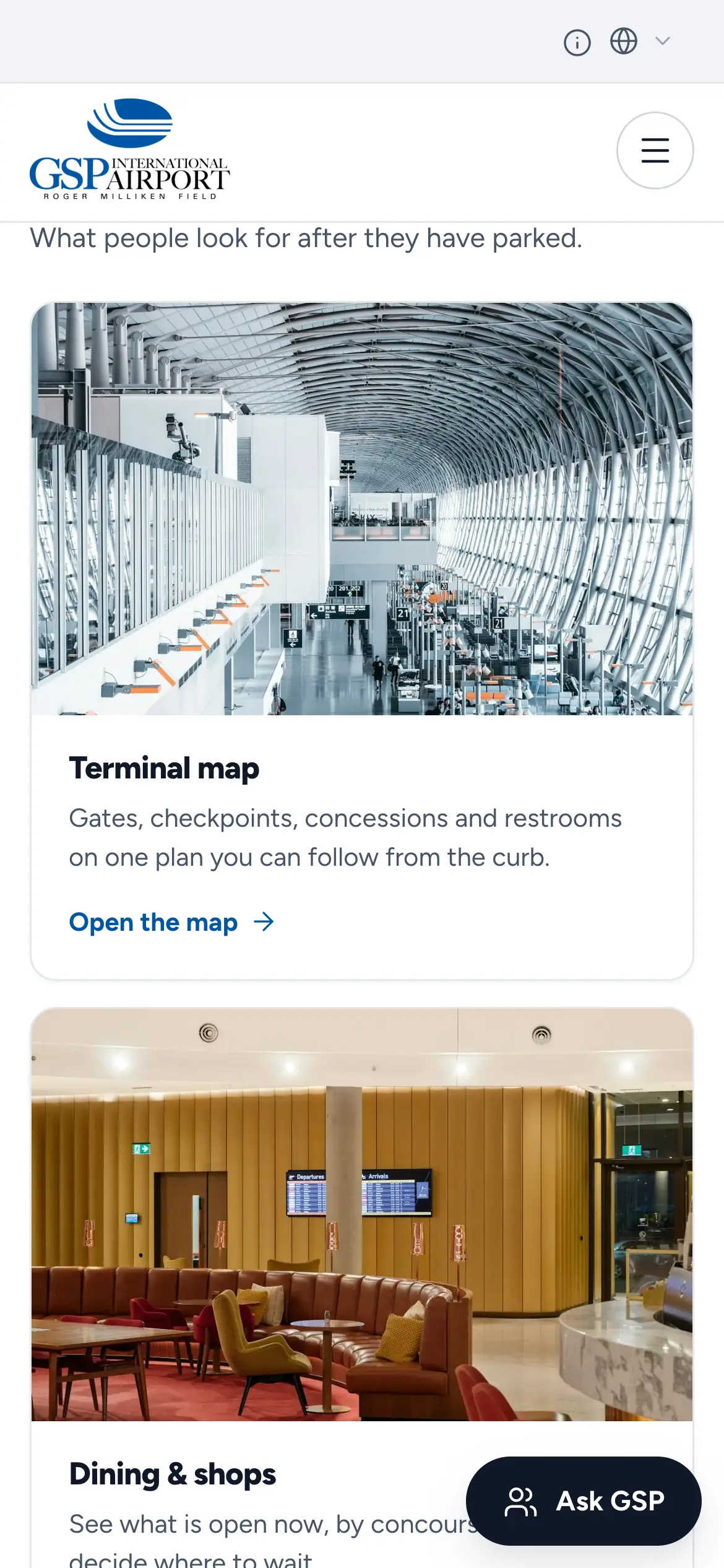 Mobile “Past the checkpoint, still on your side” guide with terminal map and dining & shops cards.