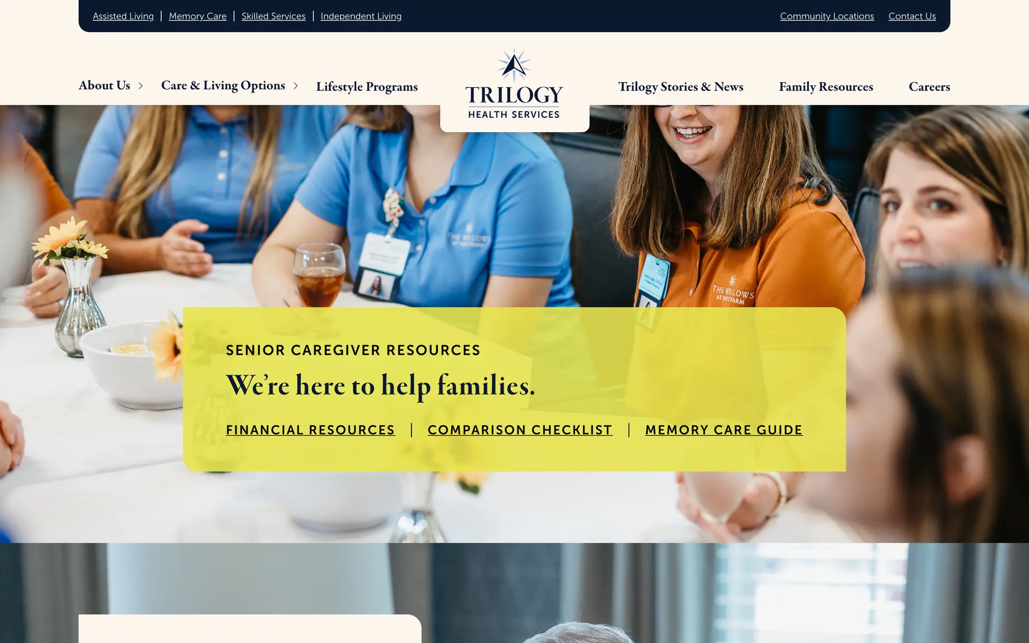 Desktop Family Resources hero, “We’re here to help families.,” linking to financial resources, a comparison checklist and a memory care guide.