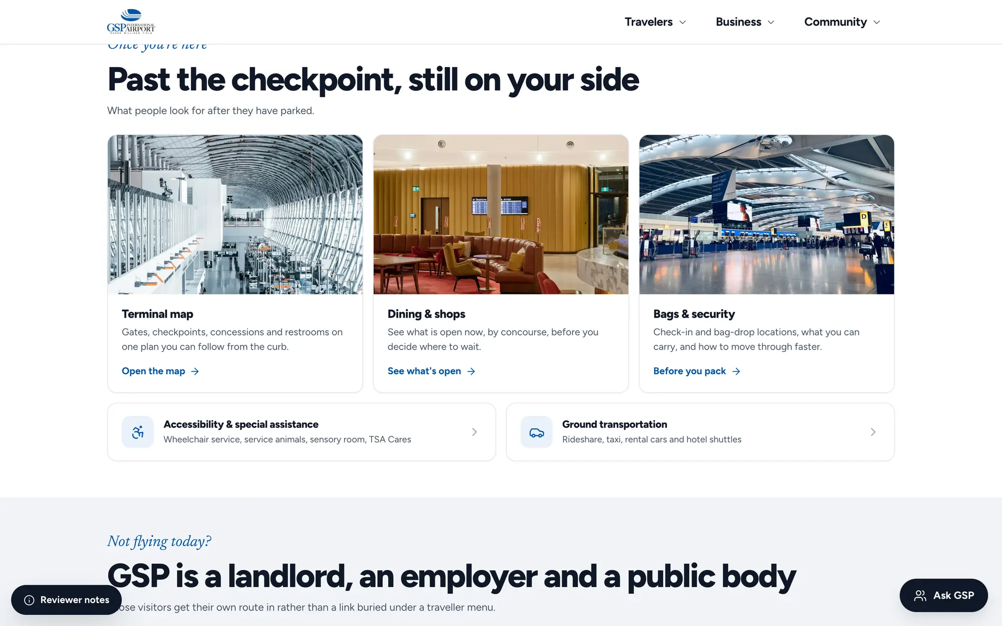 Desktop “Past the checkpoint, still on your side” section with terminal map, dining & shops and bags & security cards.