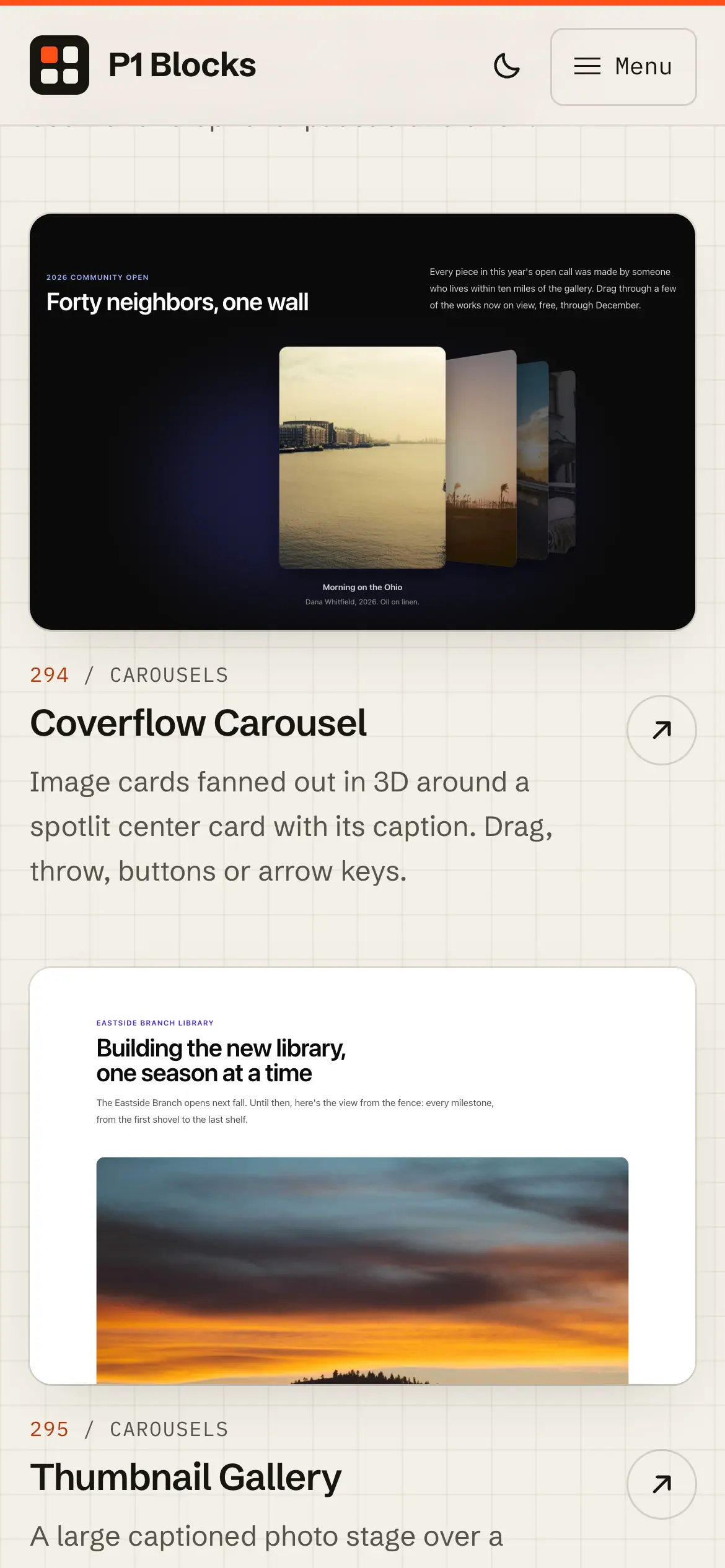 Mobile carousel previews for the Coverflow Carousel and Thumbnail Gallery, each with a short description.