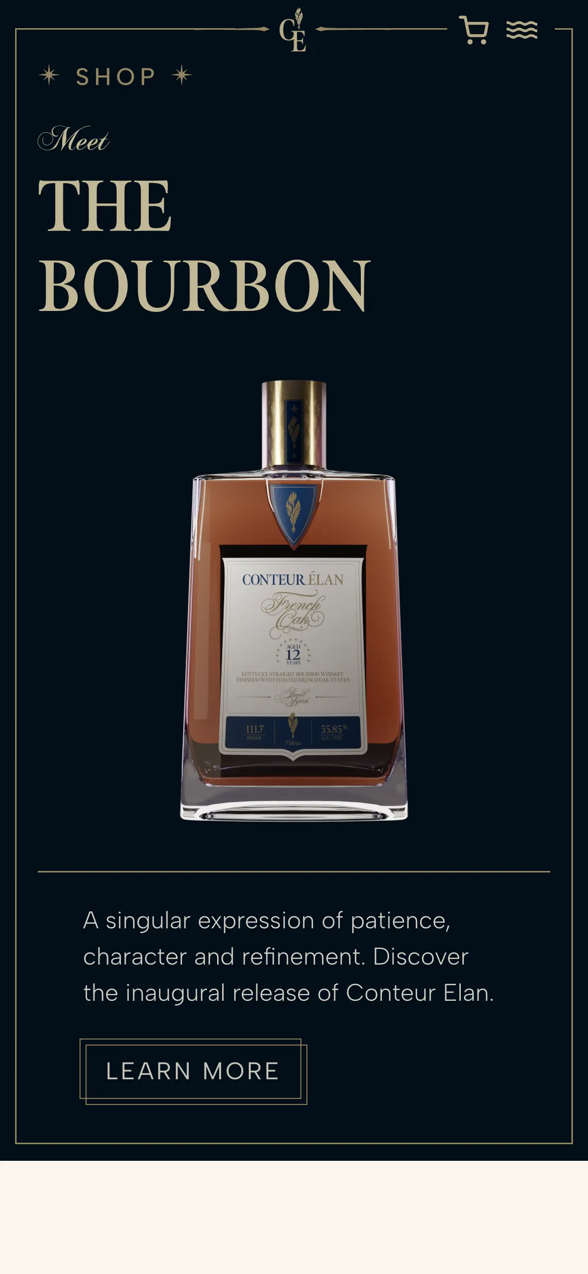 Mobile Shop hero, “Meet the Bourbon,” with the bottle and a Learn More link.
