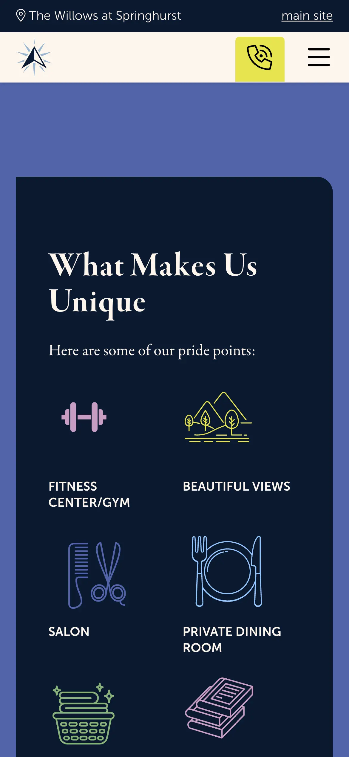 Mobile “What Makes Us Unique” amenity grid, from the fitness center and salon to private dining and the library.