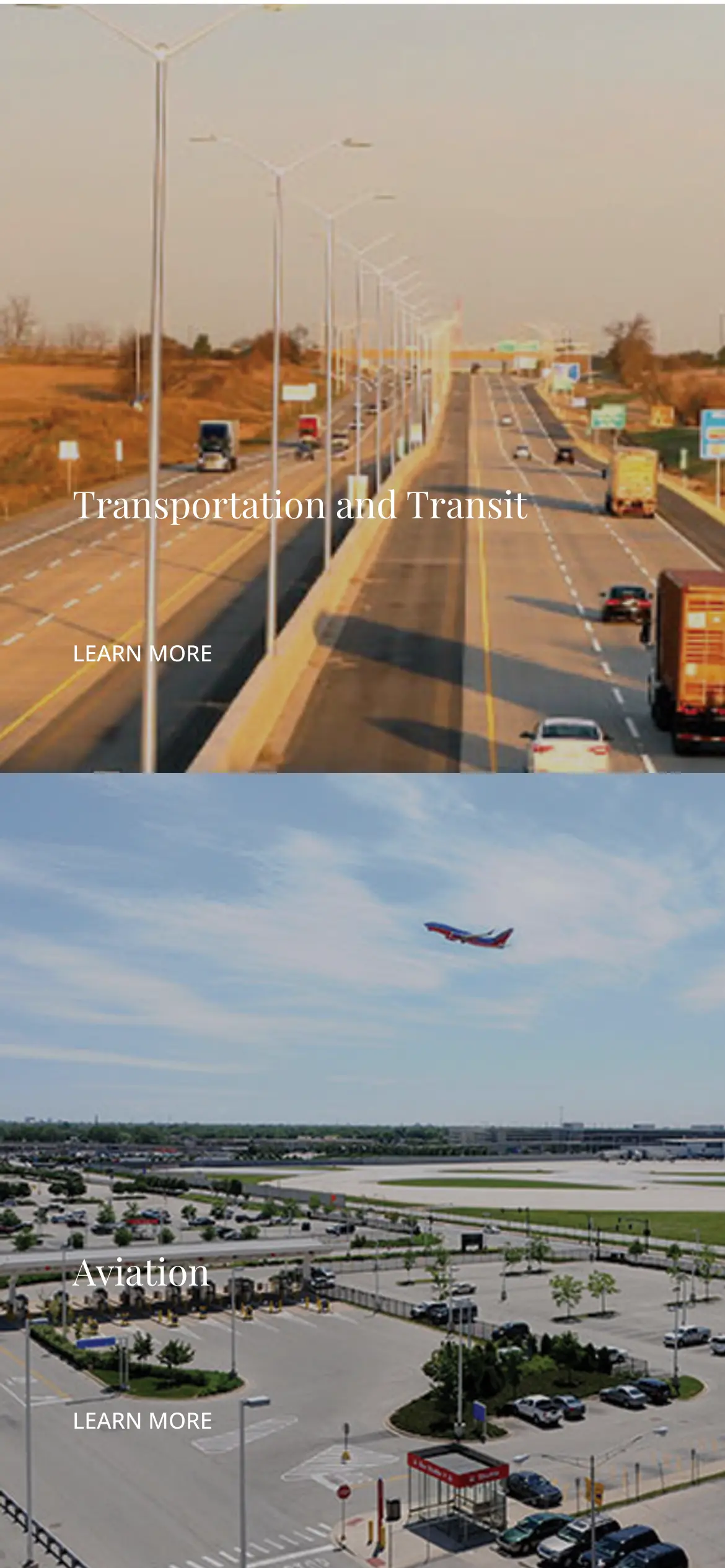 Mobile sector tiles for Transportation and Transit and Aviation, each with a Learn More link.
