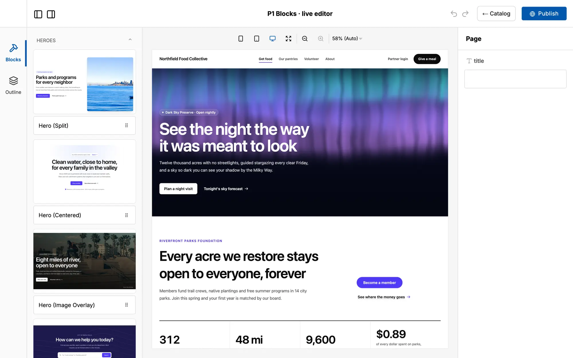 Desktop Puck live editor with the block library on the left, a page built from P1 Blocks in the center and a Publish button.