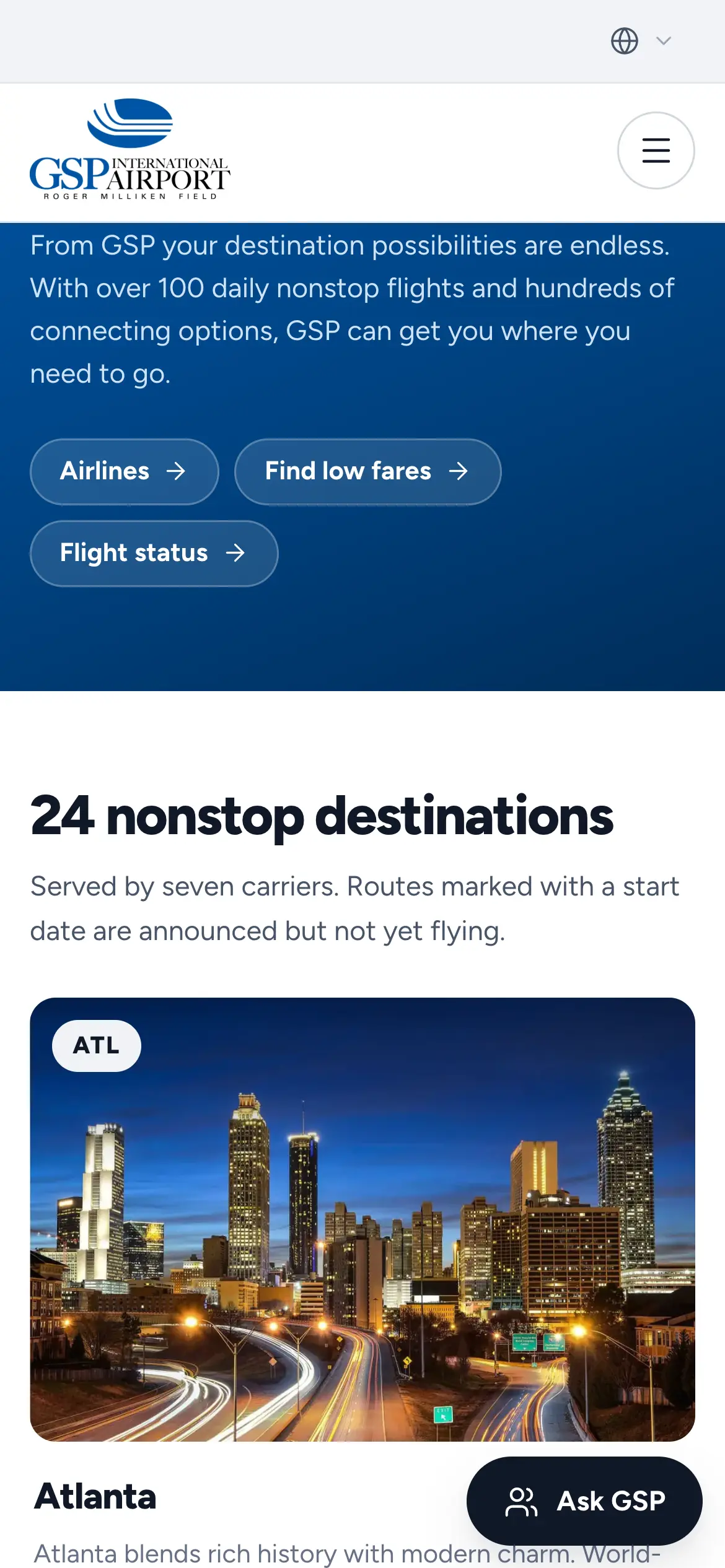 Mobile Where We Fly page, “24 nonstop destinations,” opening on the Atlanta destination card.