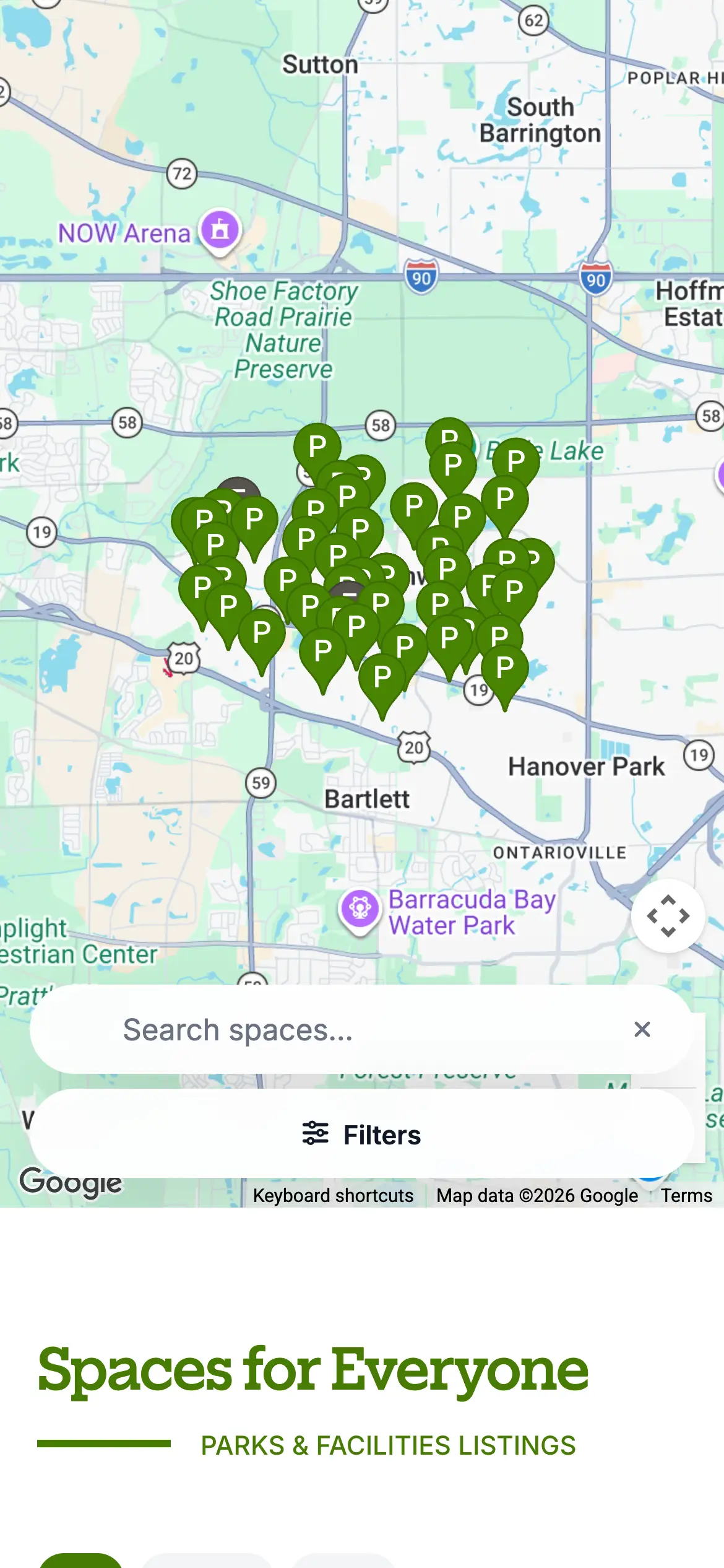 Mobile interactive parks map with location pins, a search field and filters.