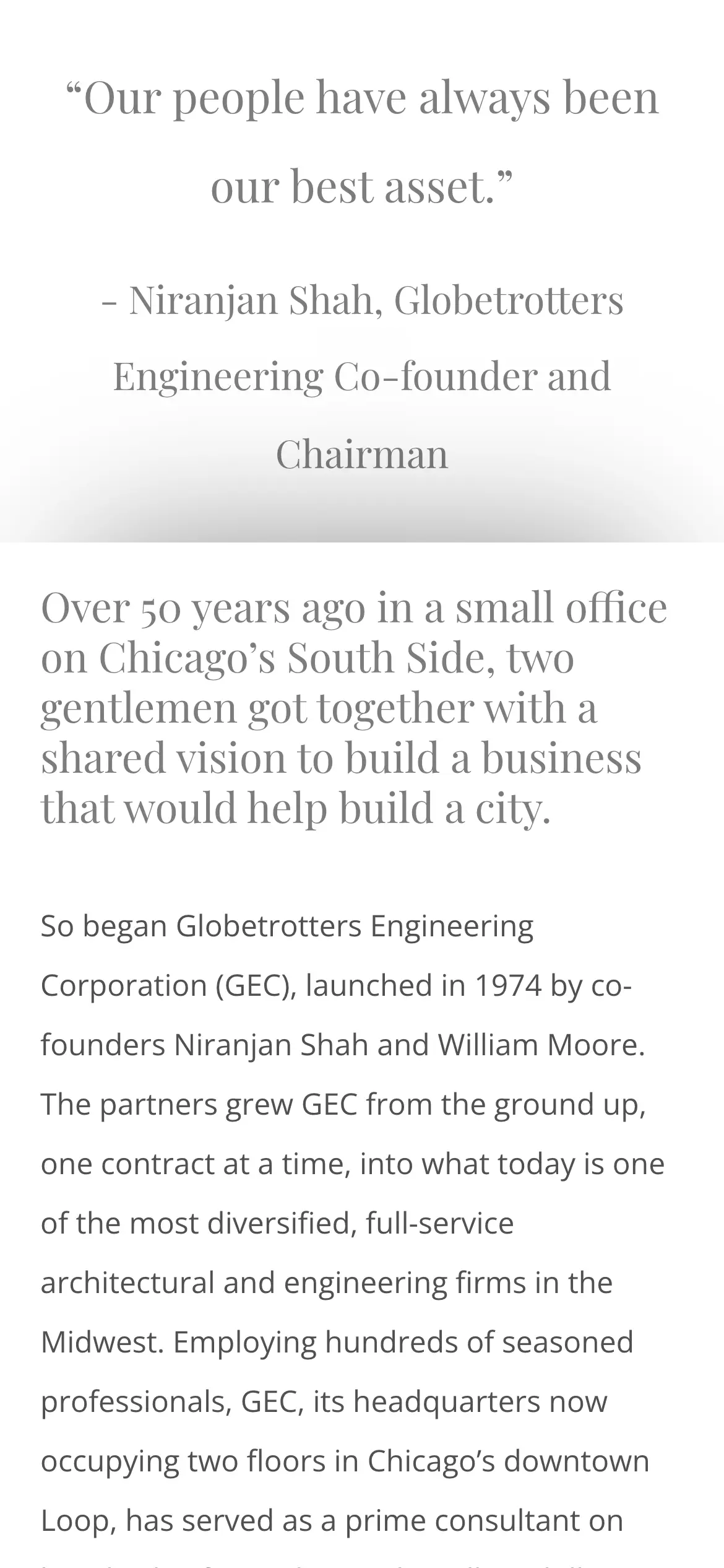Mobile founder quote, “Our people have always been our best asset.,” from co-founder Niranjan Shah.