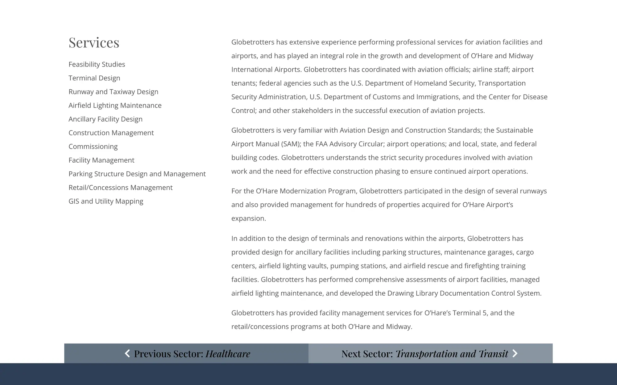 Desktop Aviation services list beside the firm’s work for the O’Hare Modernization Program and Midway Airport.