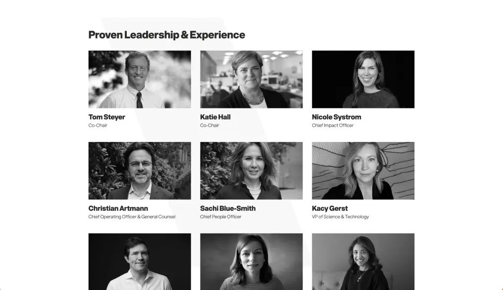 Leadership team grid showing ‘Proven Leadership & Experience’ with executive portraits
