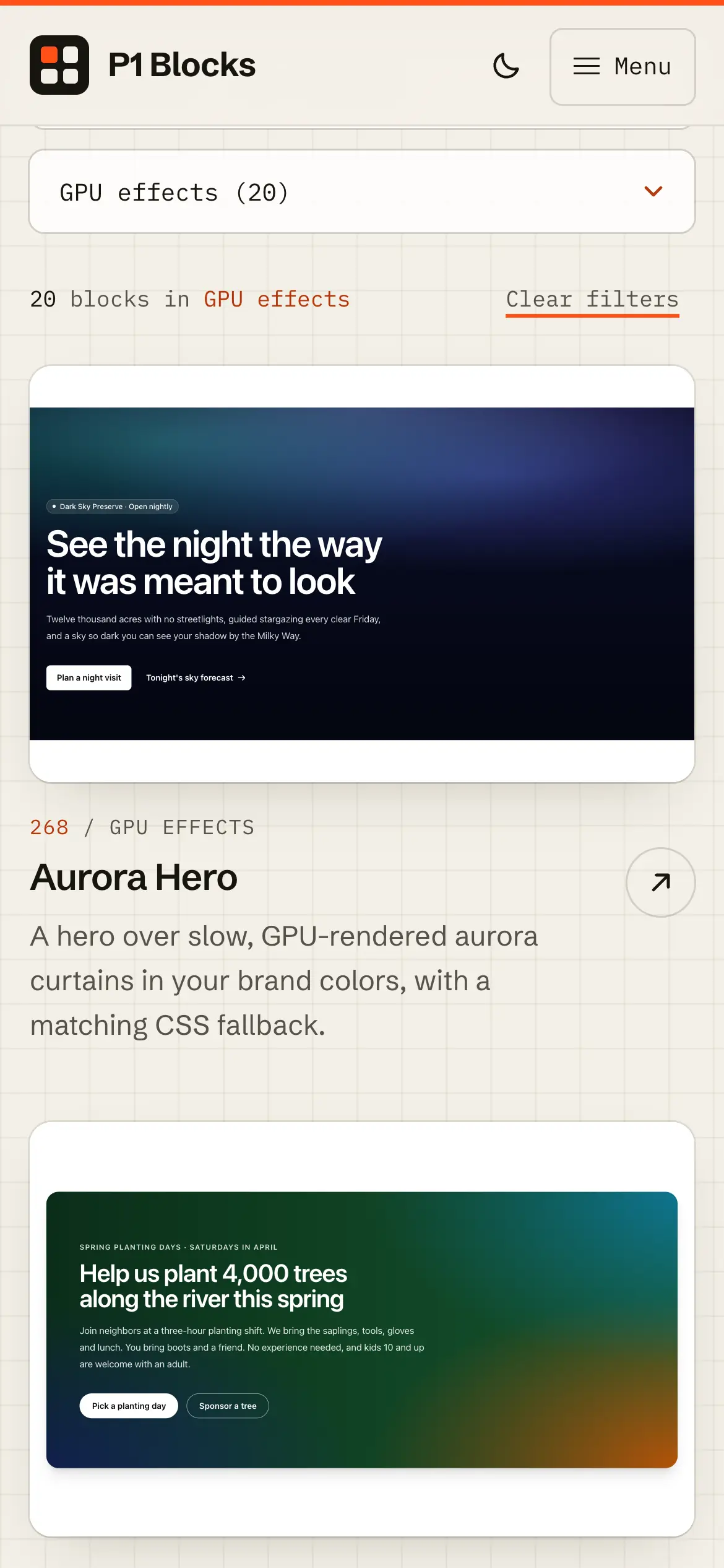 Mobile GPU effects catalog, “GPU effects (20),” opening on the Aurora Hero’s animated night-sky preview.