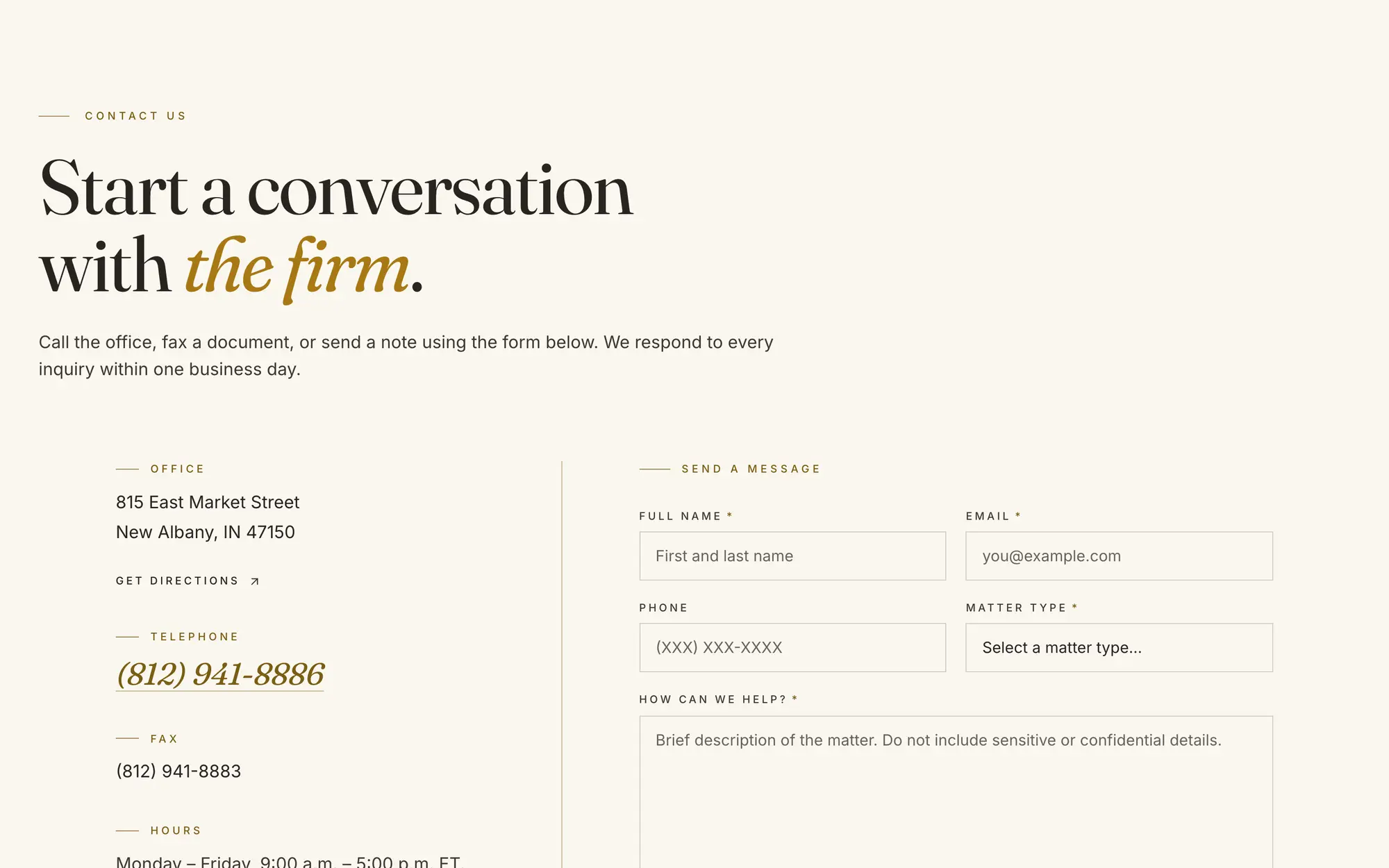 Desktop contact page, “Start a conversation with the firm.,” with office details beside a short case-inquiry form.