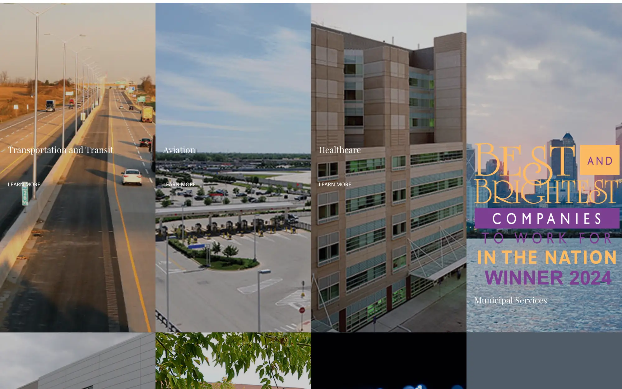 Desktop sector grid with photo tiles for Transportation and Transit, Aviation, Healthcare, Municipal Services, Education, Housing and Telecommunications.