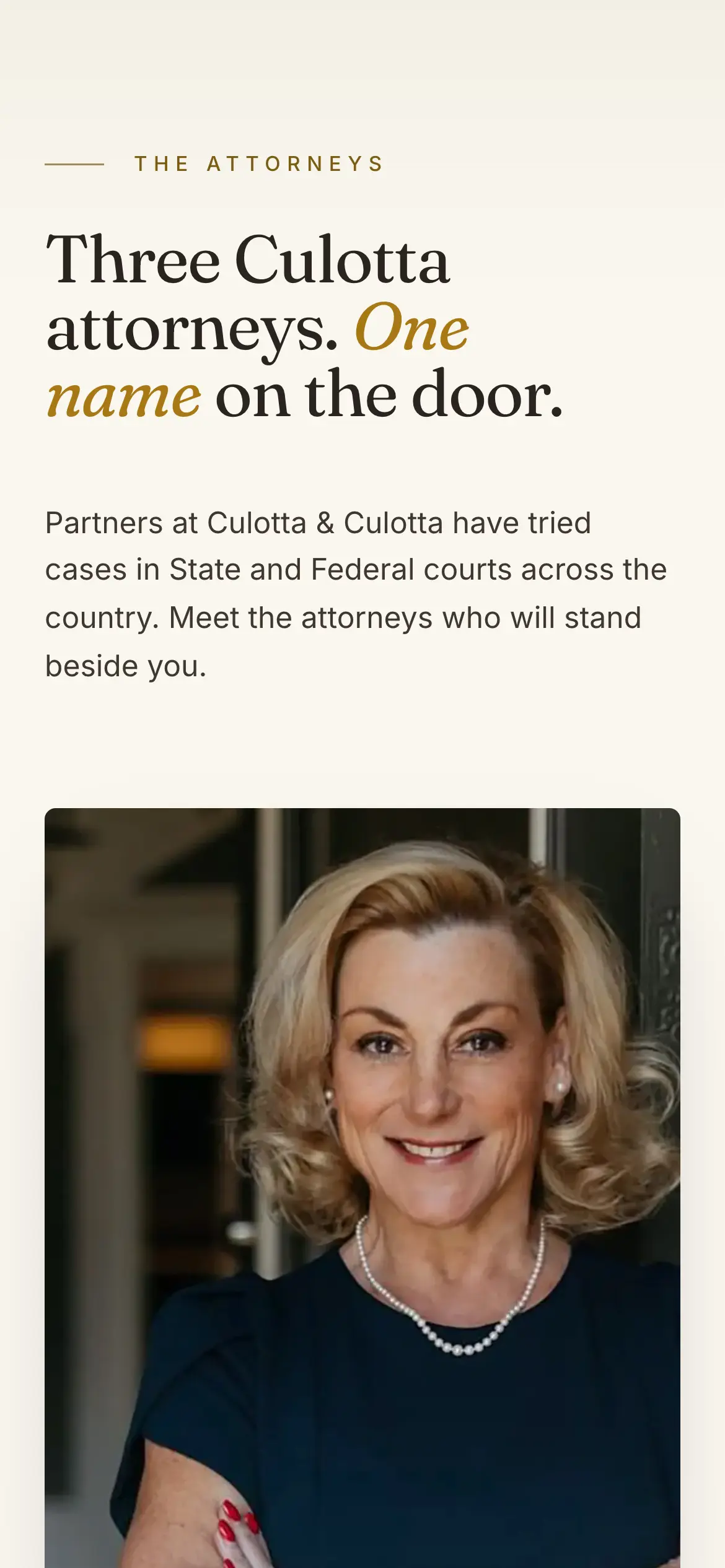 Mobile attorneys section, “Three Culotta attorneys. One name on the door.,” stacking each partner’s portrait full width.