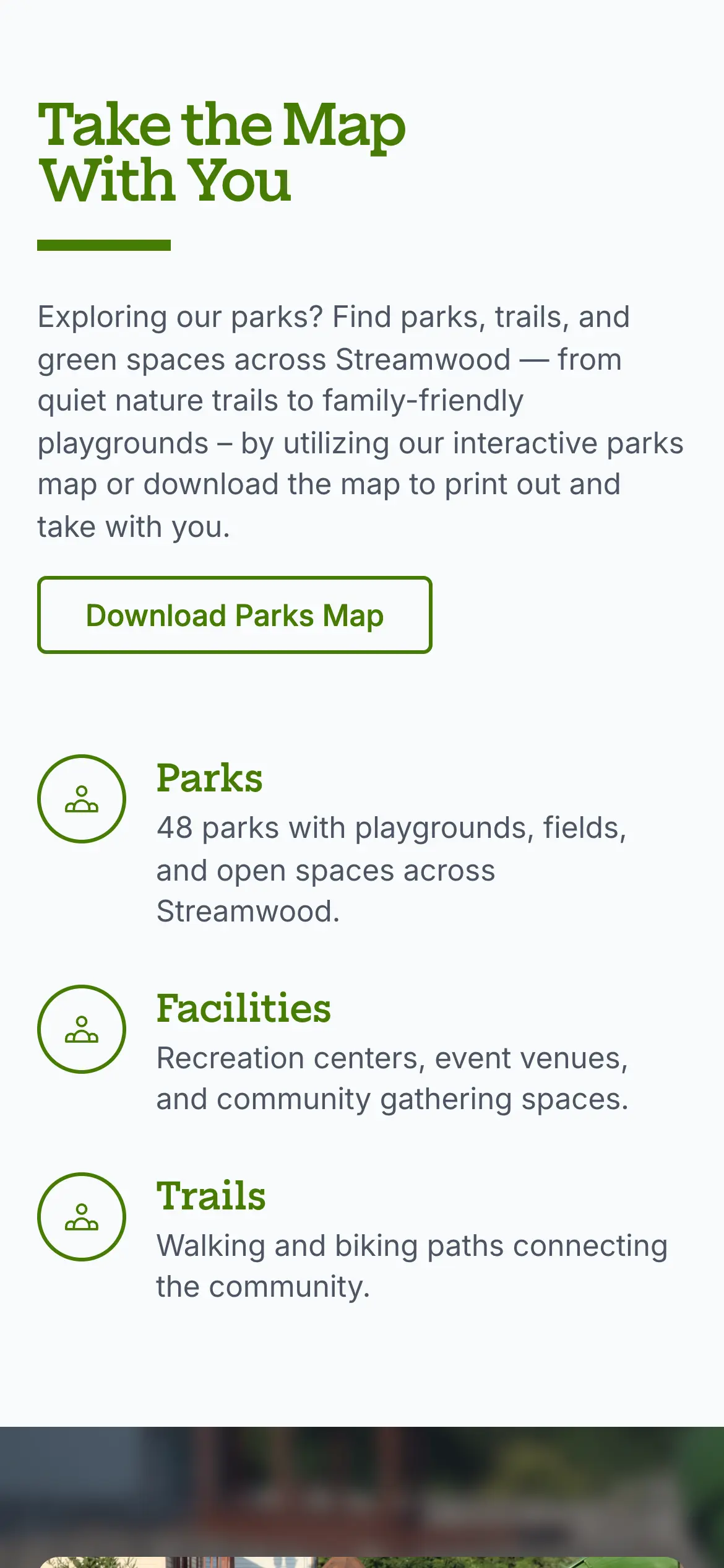 Mobile “Take the Map With You” section summarizing parks, facilities and trails, with a Download Parks Map button.
