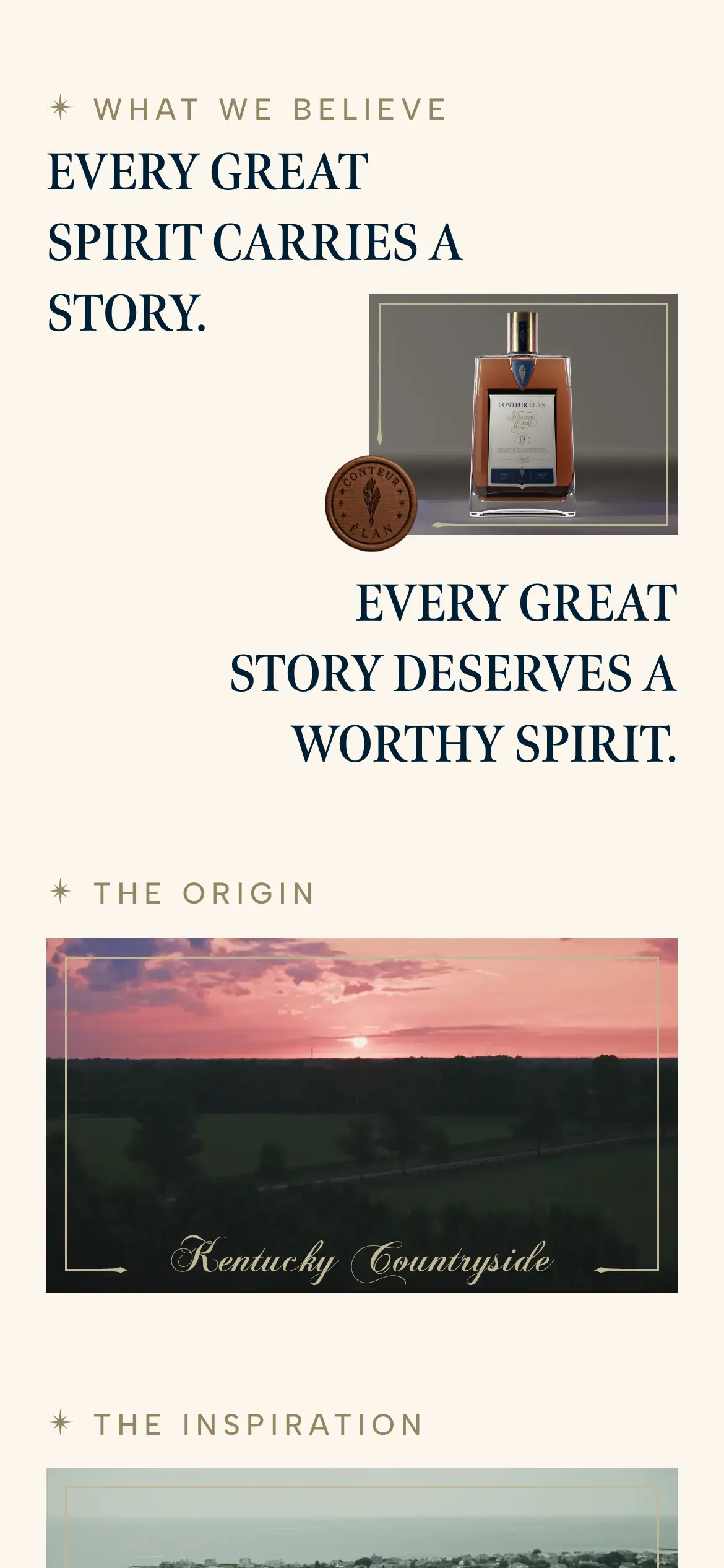 Mobile “What we believe” section, “Every great spirit carries a story,” pairing the bottle with the brand’s wax seal.