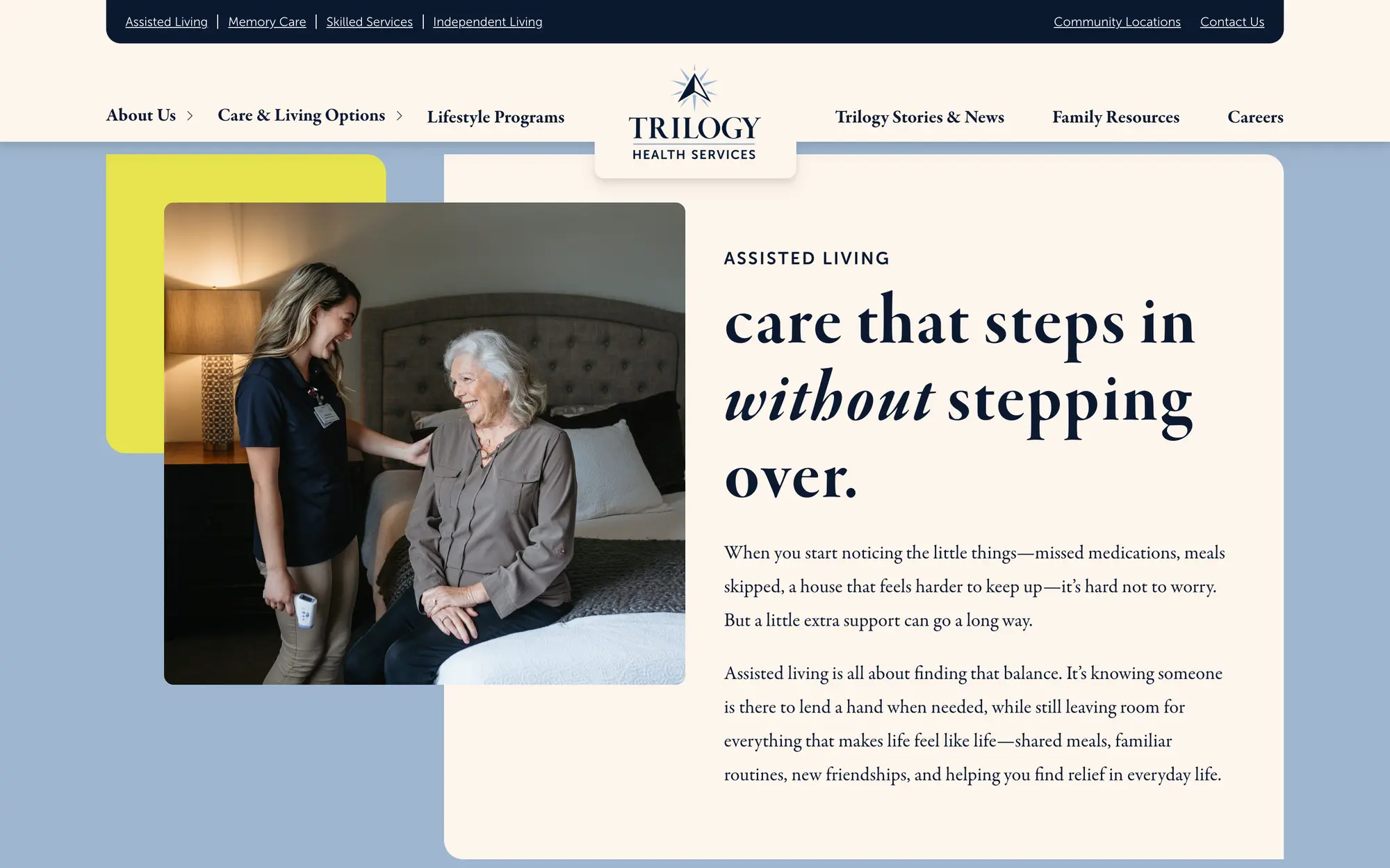 Desktop Assisted Living hero, “care that steps in without stepping over.,” pairing a caregiver photo with the service overview.