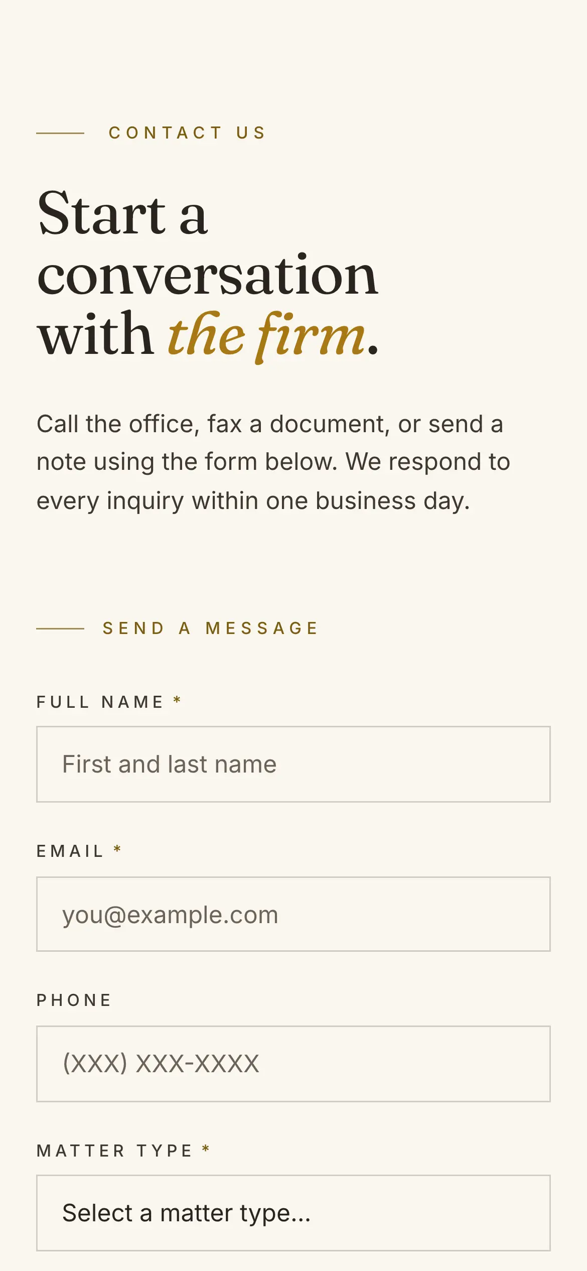 Mobile contact page, “Start a conversation with the firm.,” with the inquiry form stacked in full-width fields.