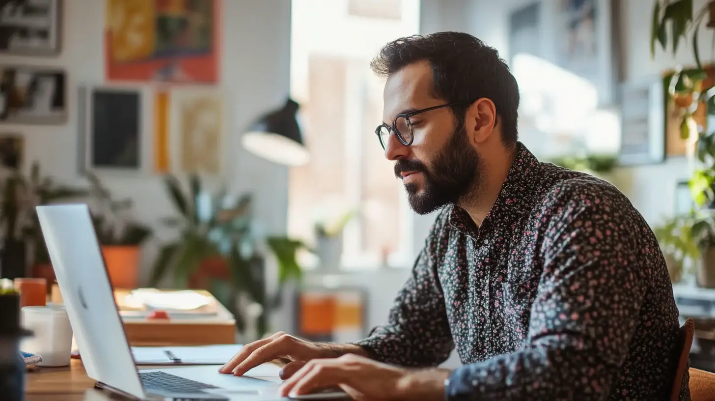 Designer with glasses and a beard wearing a patterned shirt, working focused on a laptop in a bright creative workspace with plants and colorful artwork on the walls
