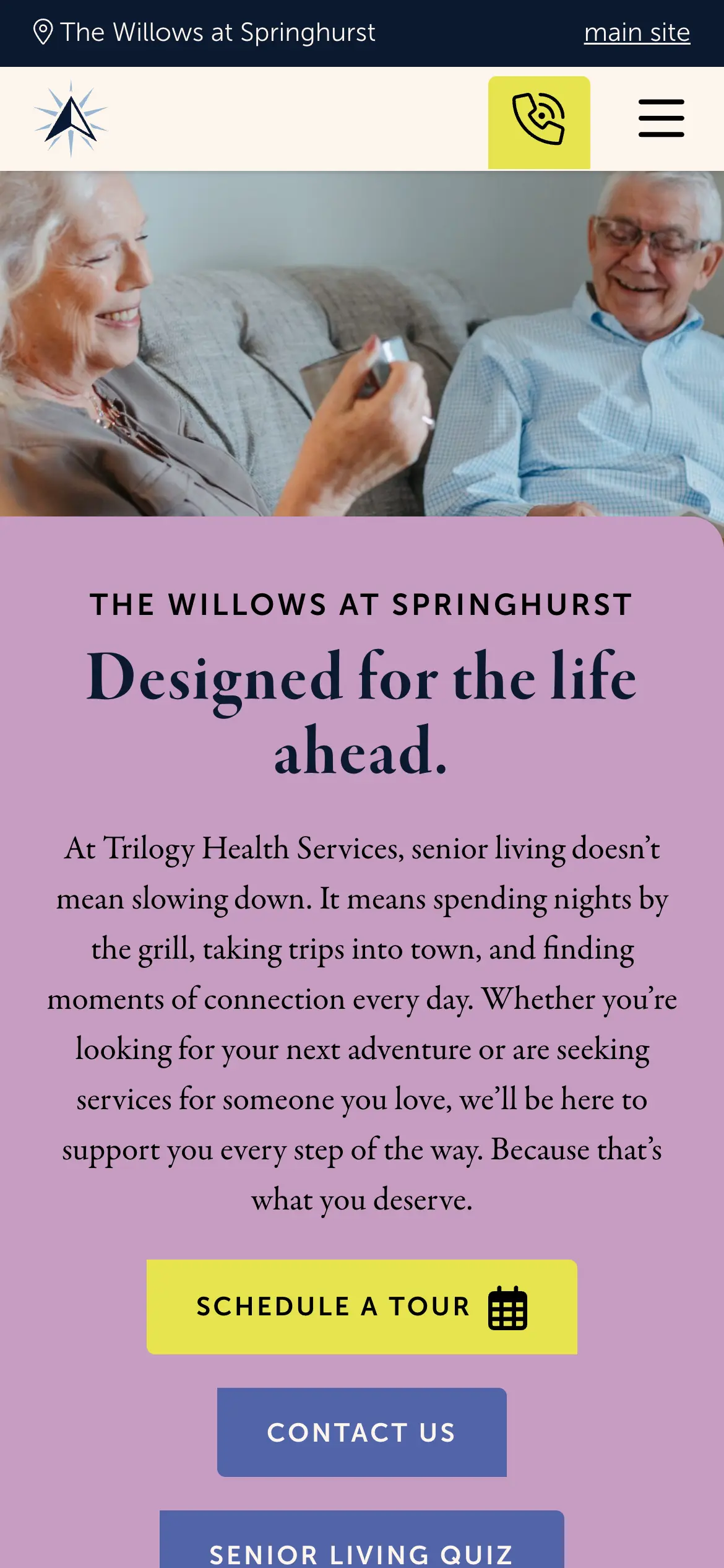 Mobile community hero for The Willows at Springhurst, “Designed for the life ahead.,” with Schedule a Tour, Contact Us and Senior Living Quiz buttons.