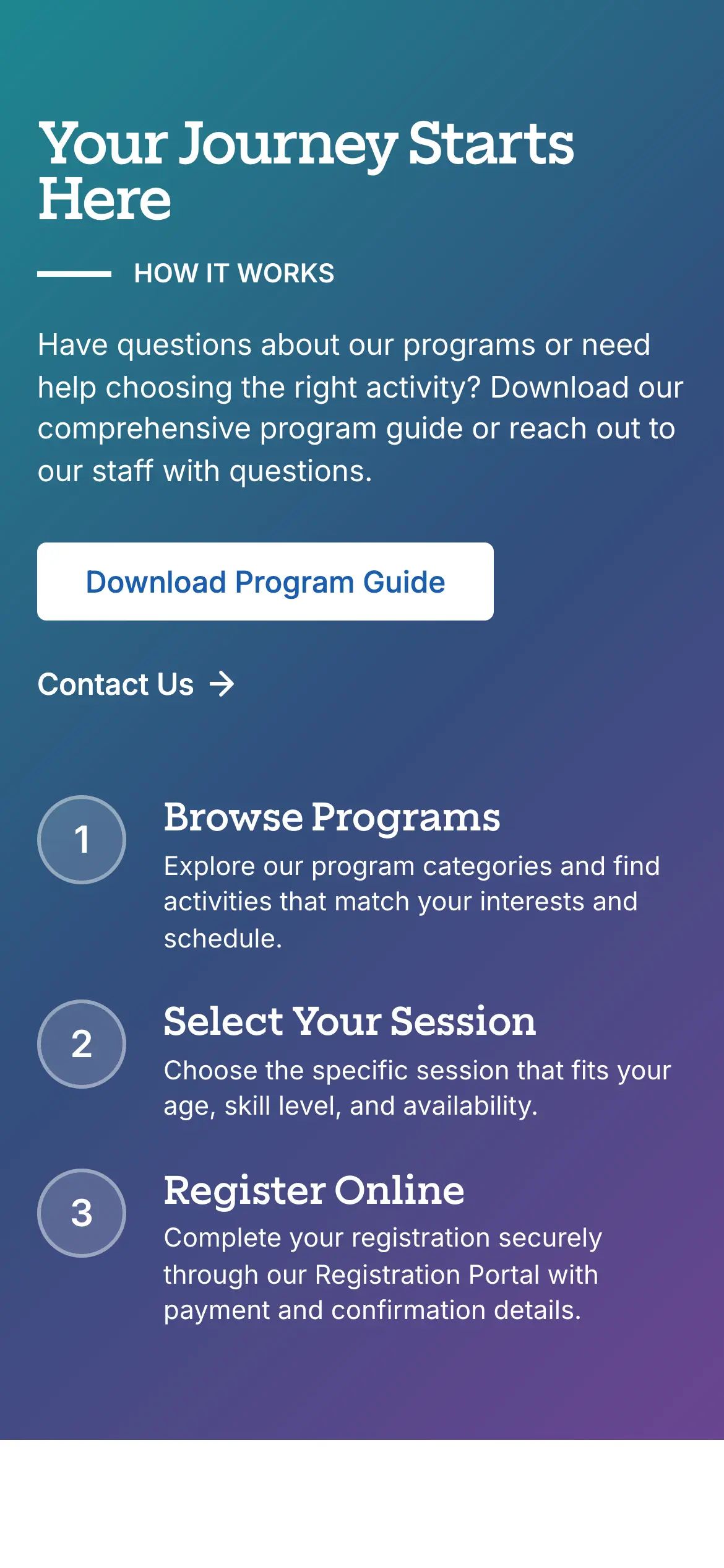Mobile “Your Journey Starts Here” registration guide with numbered steps and a Download Program Guide button.