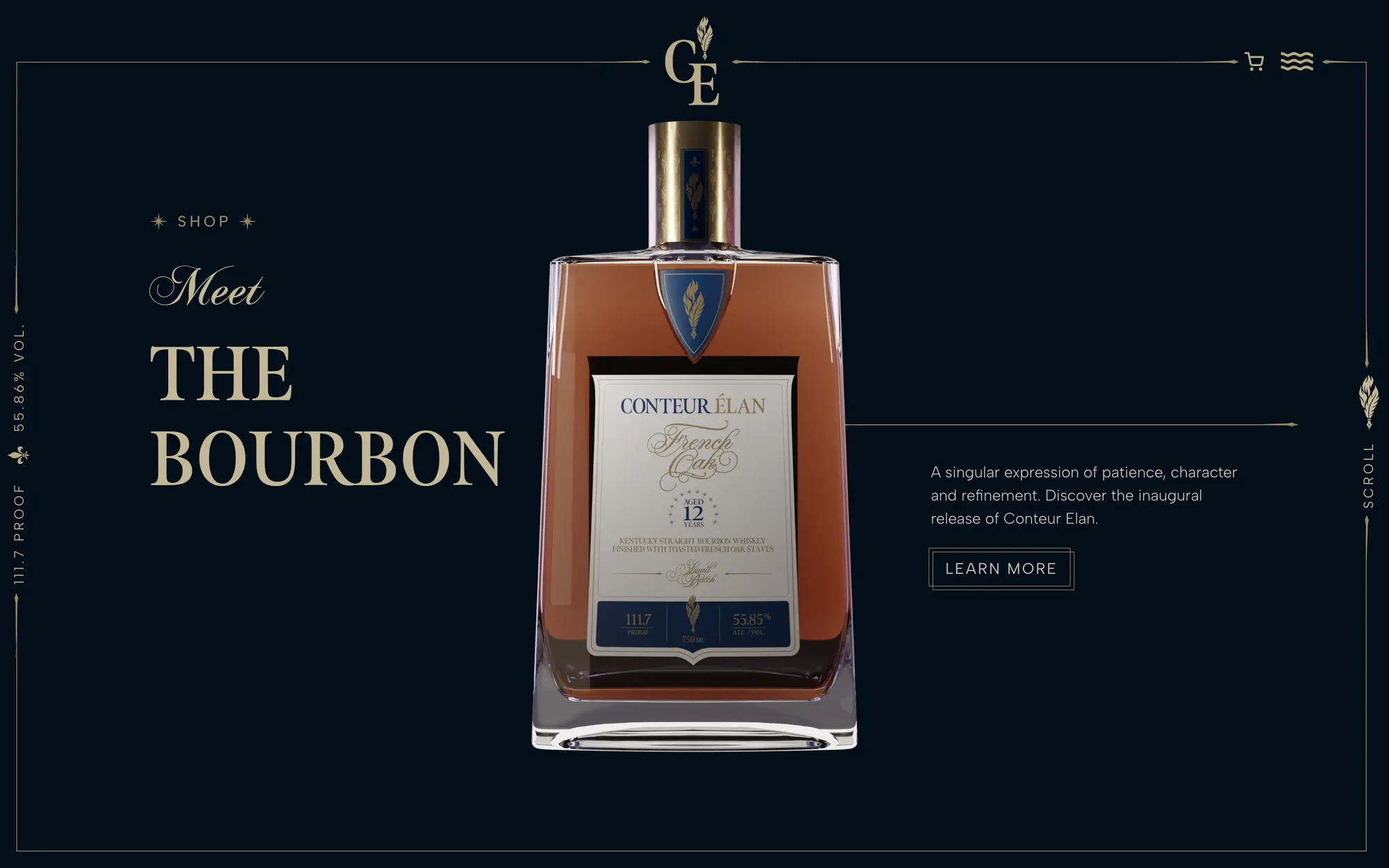 Desktop Shop hero, “Meet the Bourbon,” presenting the inaugural Conteur Élan bottle on a navy field.