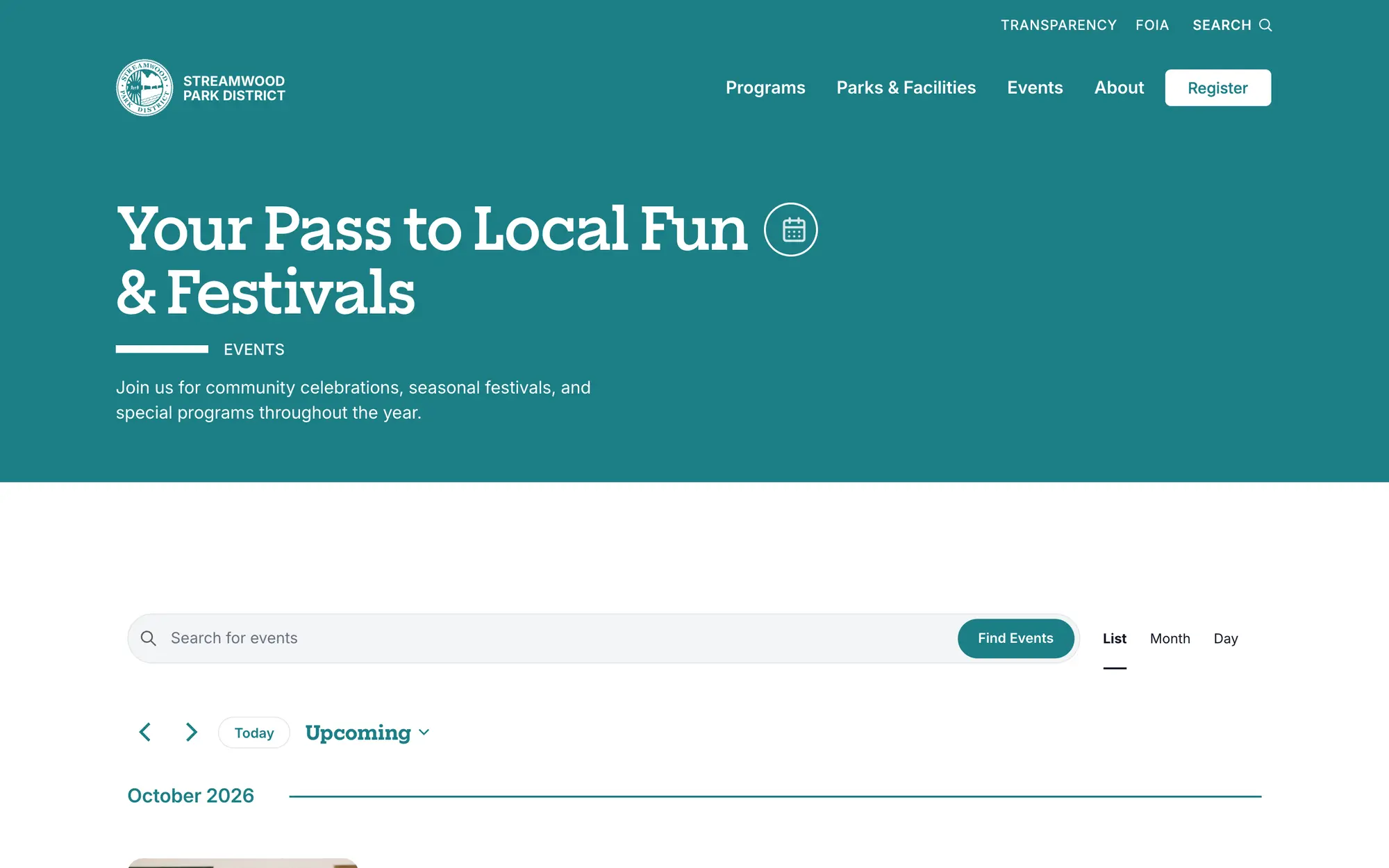 Desktop Events page, “Your Pass to Local Fun & Festivals,” with a searchable calendar and list, month and day views.