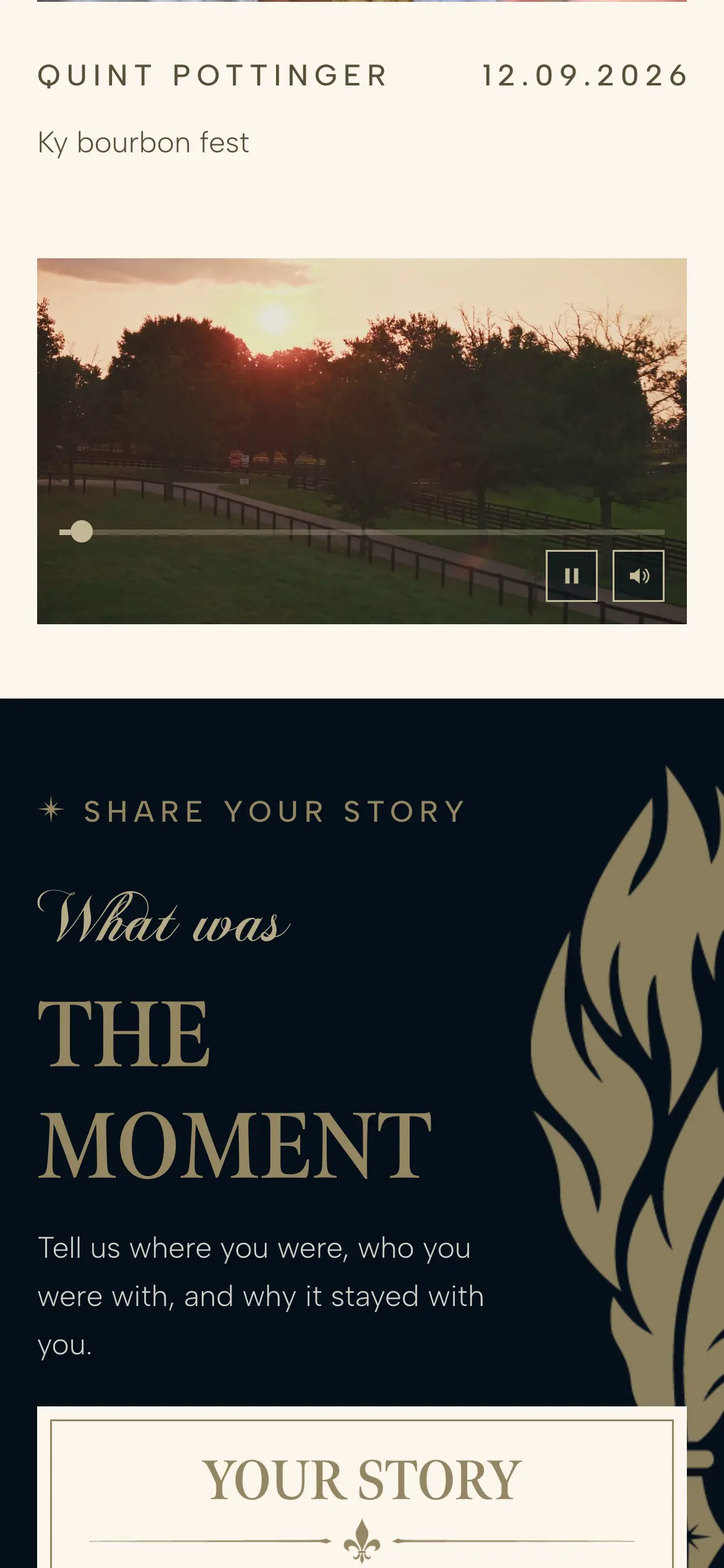 Mobile “What was the moment” story submission form beneath an embedded film, with a gold quill illustration.