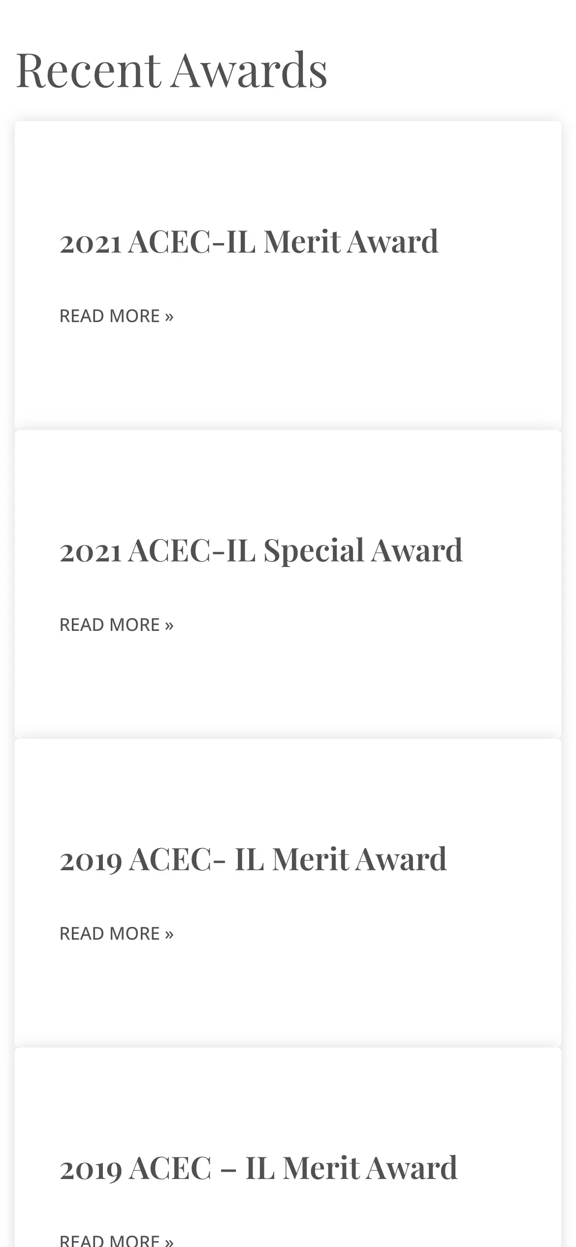 Mobile awards list continuing through the 2018 Contractor of the Year and earlier ACEC-IL honors.