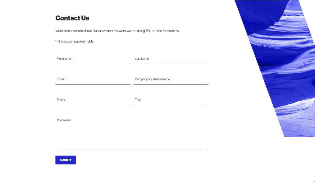 Contact page with form fields and decorative blue wave imagery
