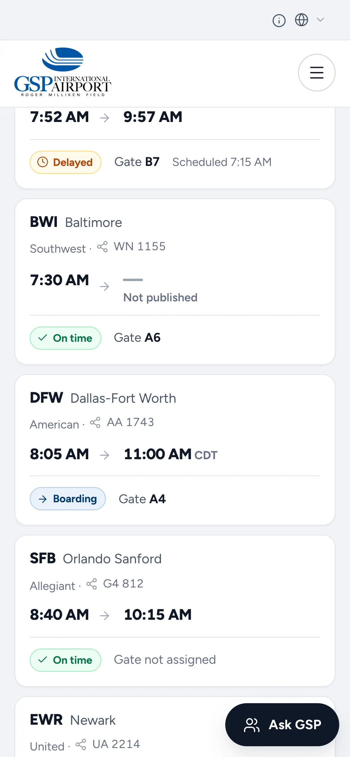 Mobile flight cards with delayed, on-time, cancelled and boarding statuses and gate numbers.