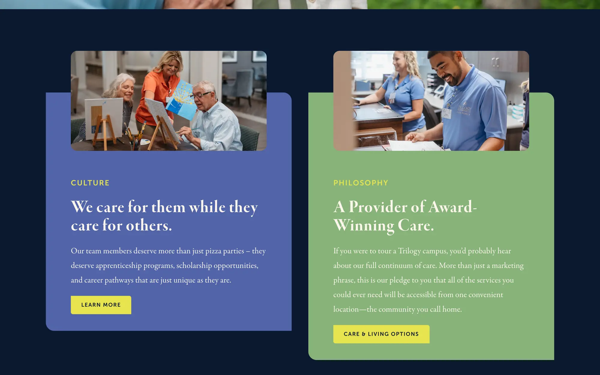 Desktop culture and philosophy cards, “We care for them while they care for others.” and “A Provider of Award-Winning Care.”