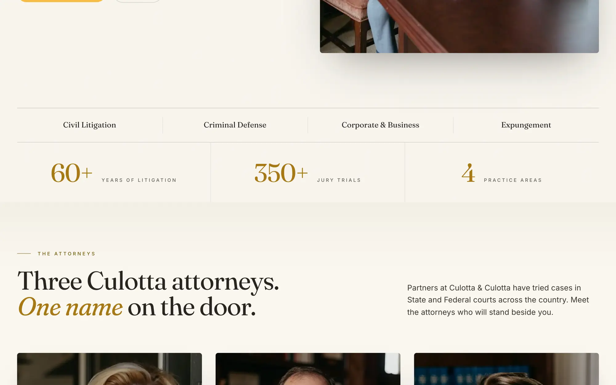 Desktop proof strip with 60+ years of litigation, 350+ jury trials and four practice areas, leading into “Three Culotta attorneys. One name on the door.”