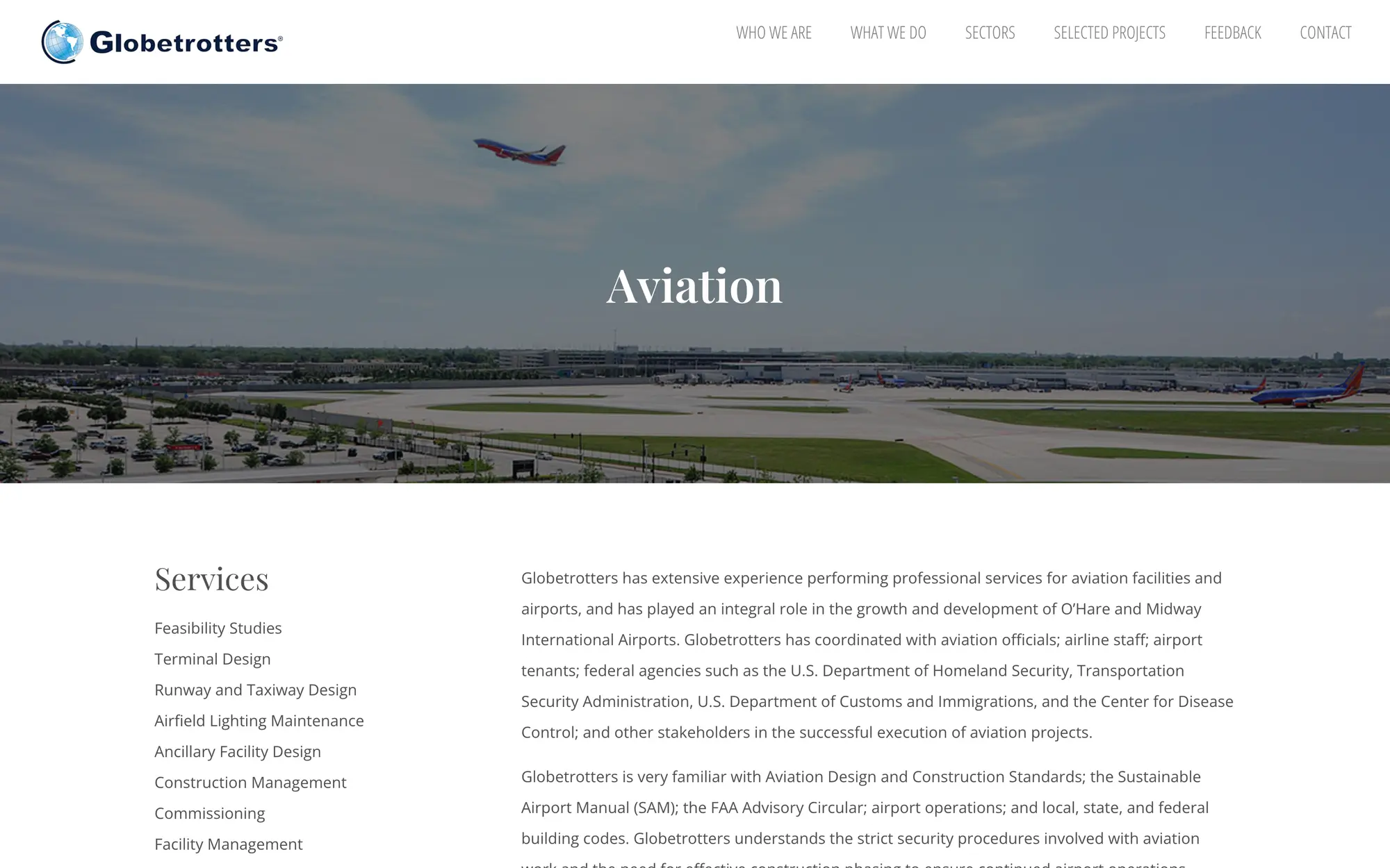 Desktop Aviation sector hero with an aircraft over O’Hare’s airfield.