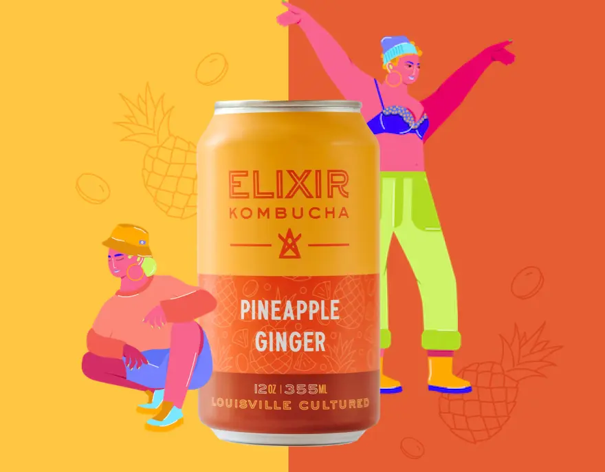 A can of Elixir Kombucha Pineapple Ginger between two illustrated dancers on orange and yellow.