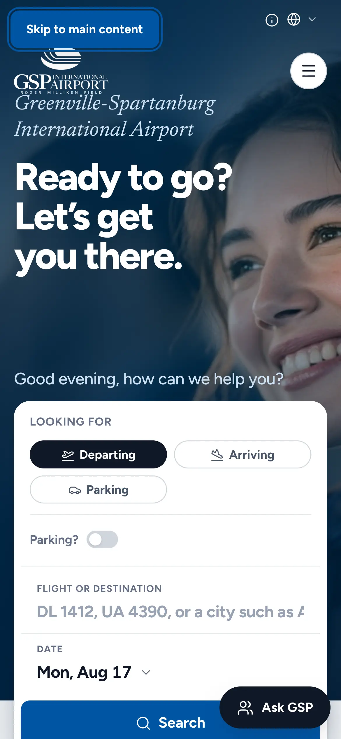 Mobile homepage hero, “Ready to go? Let’s get you there.,” with the flight search card stacked above the fold.