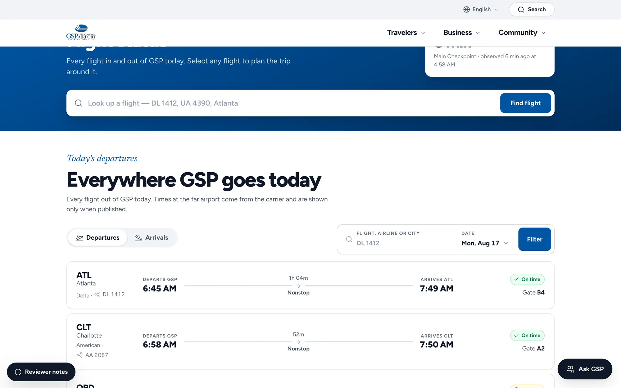 Desktop Flight Status page with a security checkpoint wait card and one search for any flight in or out of GSP today.