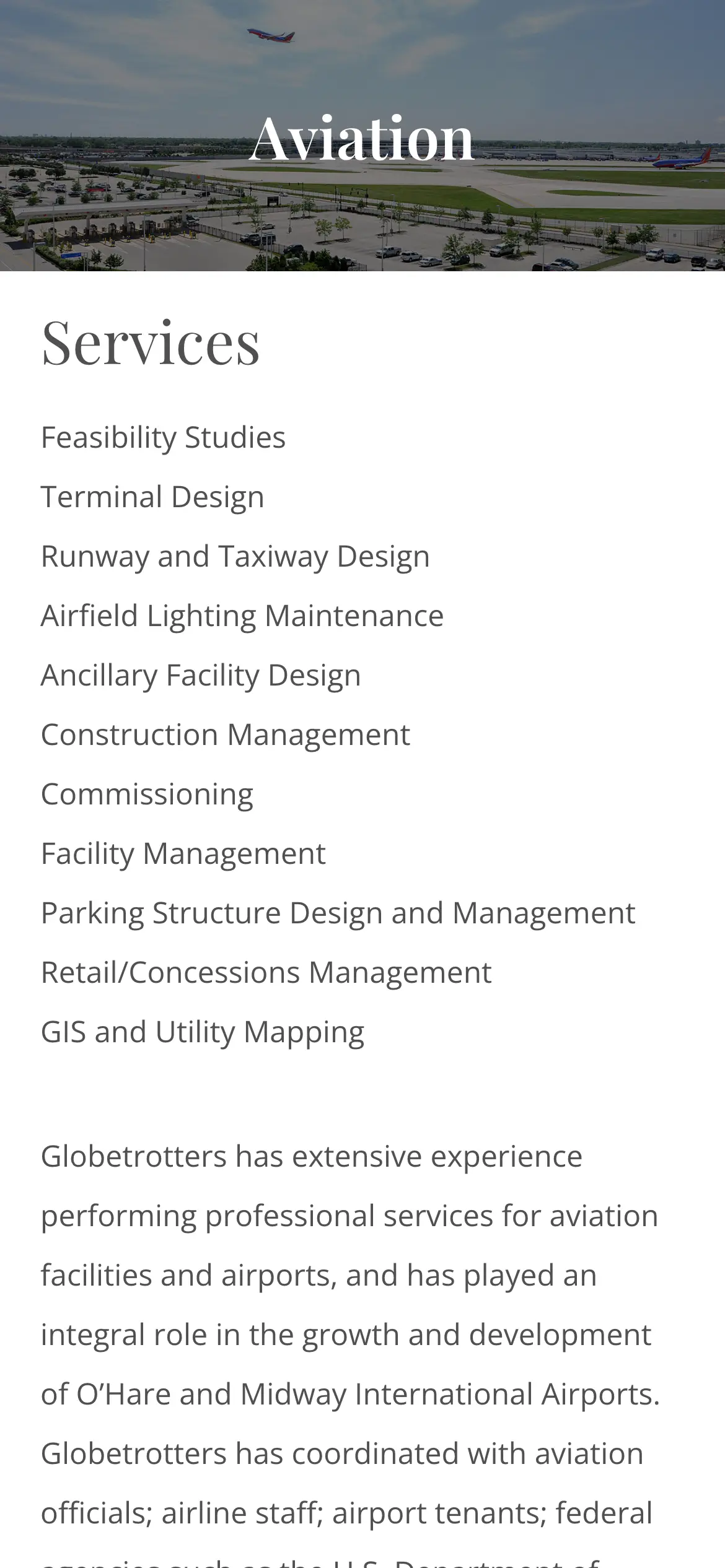 Mobile Aviation services list, from feasibility studies and terminal design to GIS and utility mapping.