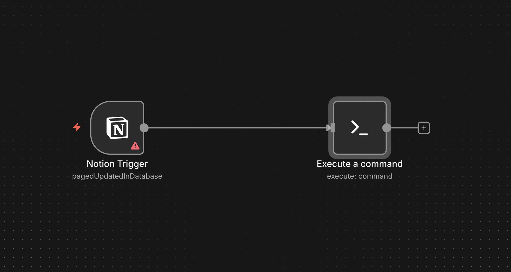 Automation workflow diagram showing a Notion Trigger node connected to an Execute a command node on a dark grid background, illustrating how messages can trigger command-line actions