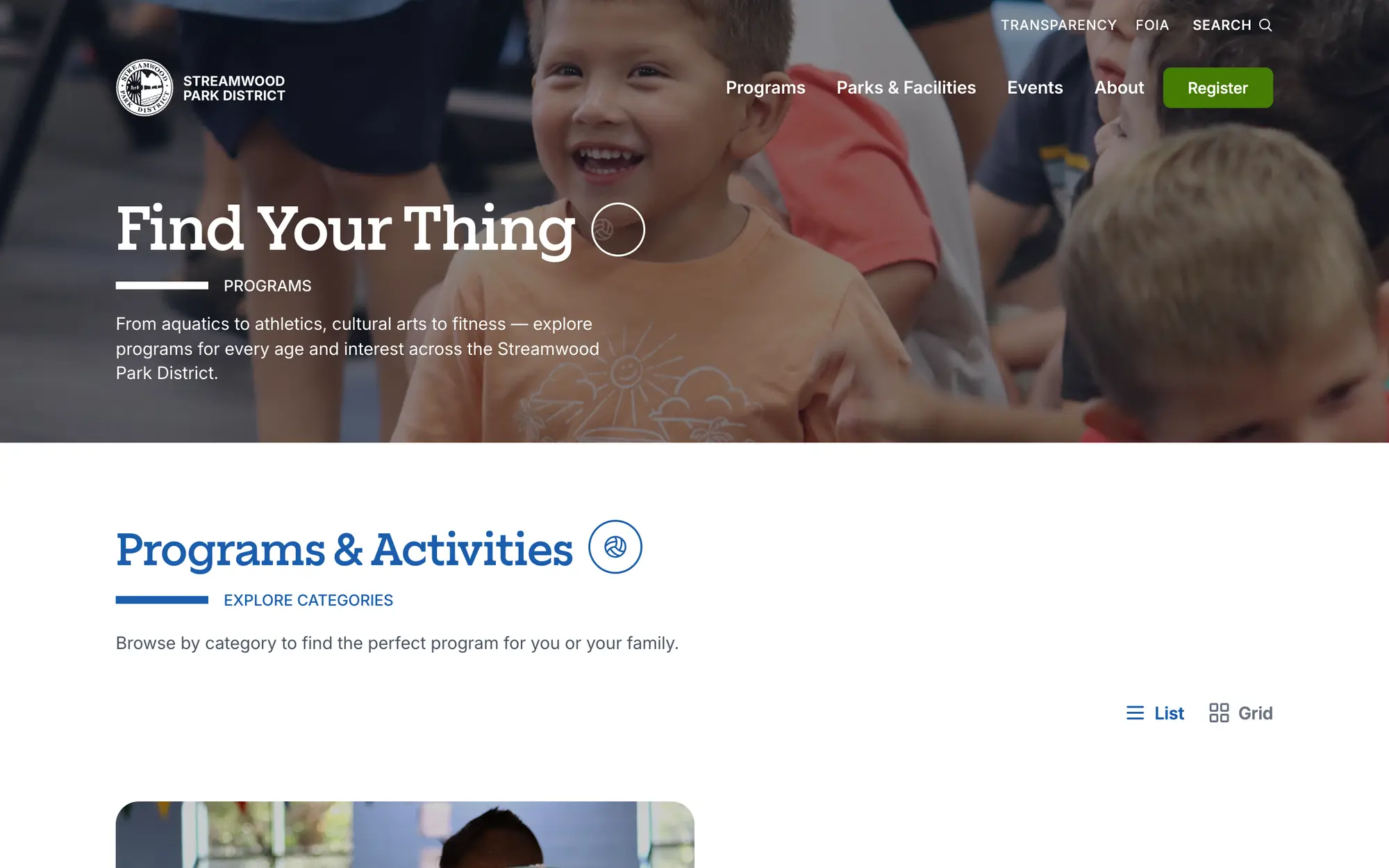 Desktop Programs hero, “Find Your Thing,” leading into Programs & Activities with list and grid view toggles.