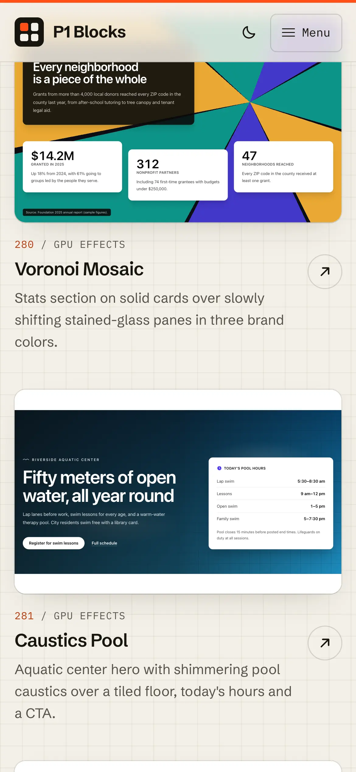Mobile Voronoi Mosaic and Caustics Pool previews, with stats on stained-glass panes and an aquatic hero over shimmering water.