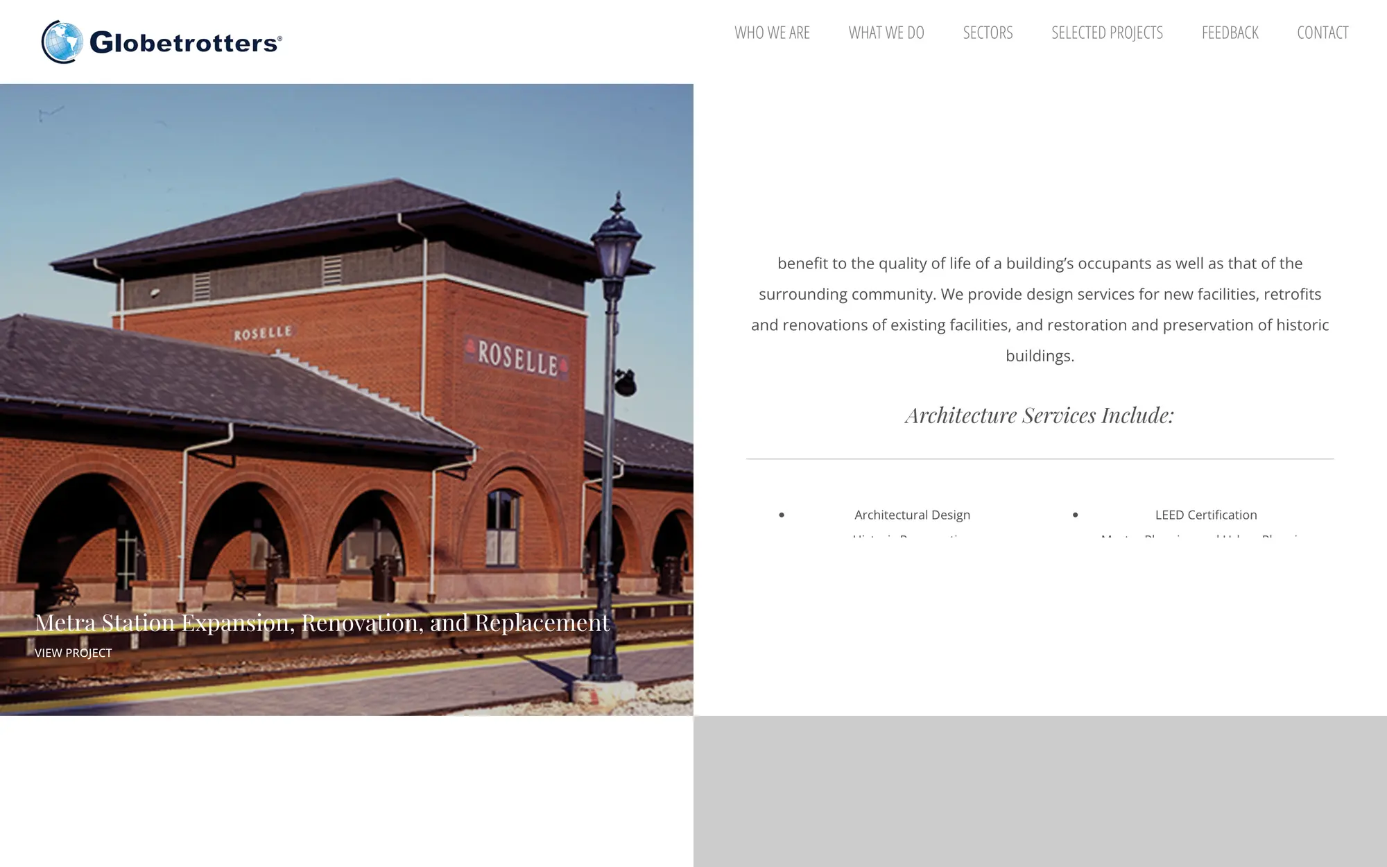 Desktop Architecture service, pairing the Metra station renovation project with the services it includes.