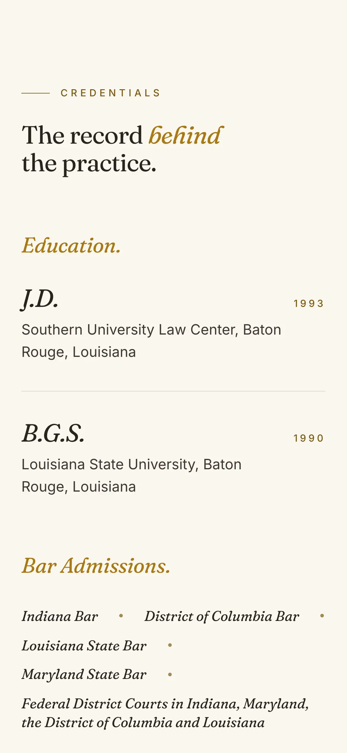 Mobile credentials, “The record behind the practice.,” listing education and bar admissions.
